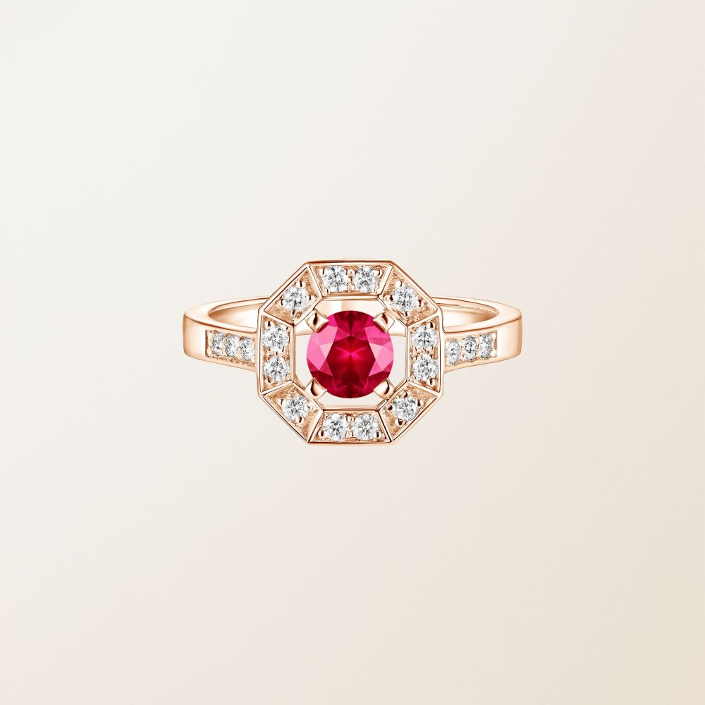 Bague Or rose Rubis et diamants Art Déco Rond 5 mm 2