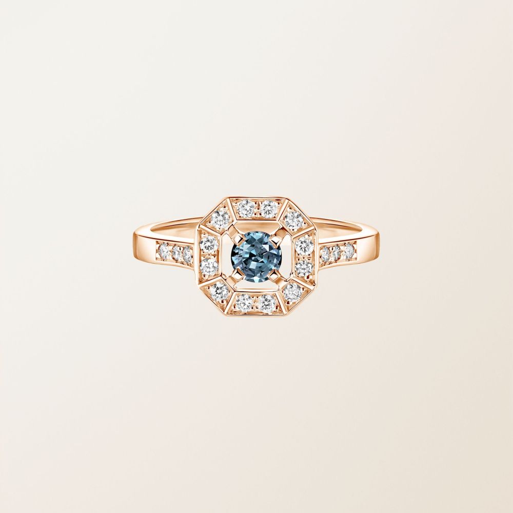 Bague Or rose Saphir Bleu Gris et diamants Art Déco Rond 4 mm 2