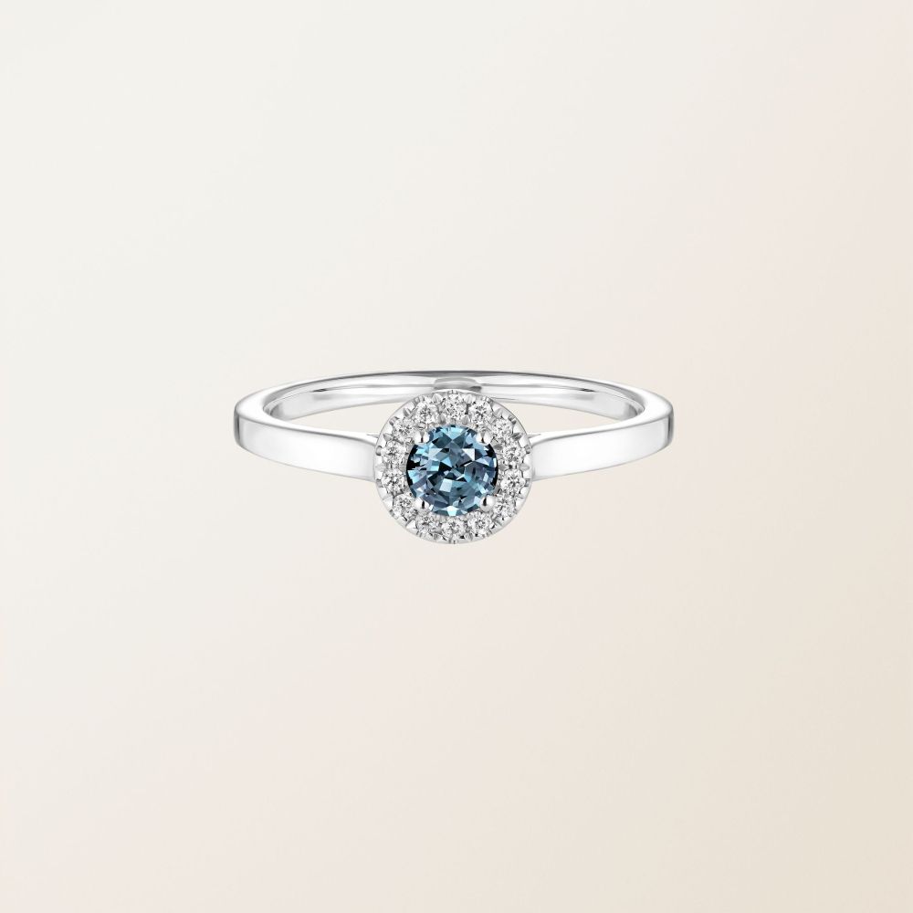 Bague Or blanc Saphir Bleu Gris et diamants Rétromantique S 2