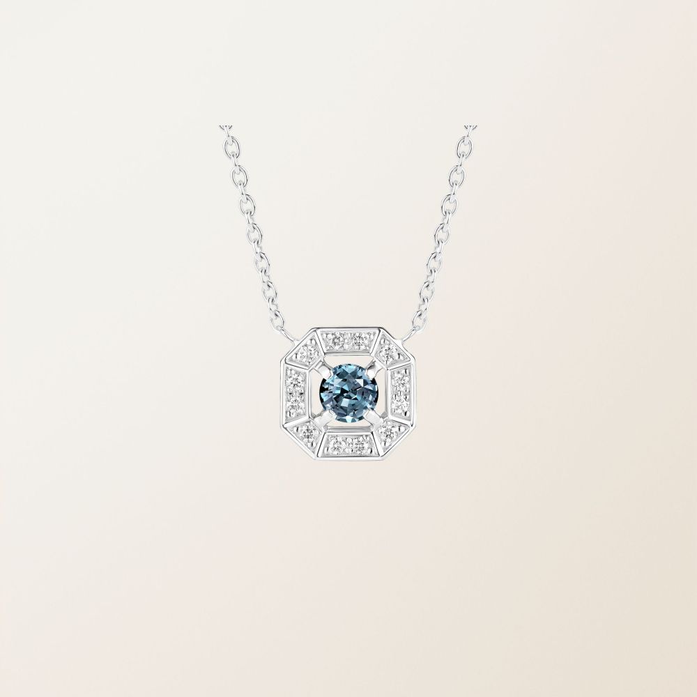 Pendentif Or blanc Saphir Bleu Gris et diamants Art Déco Rond 4 mm 2