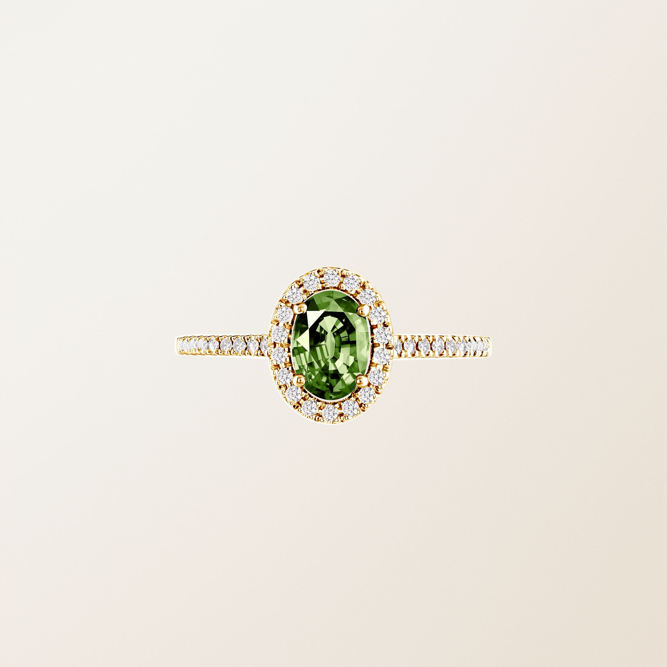 Bague Or jaune 18 cts Saphir Vert Olivier Rétromantique Ovale Pavée