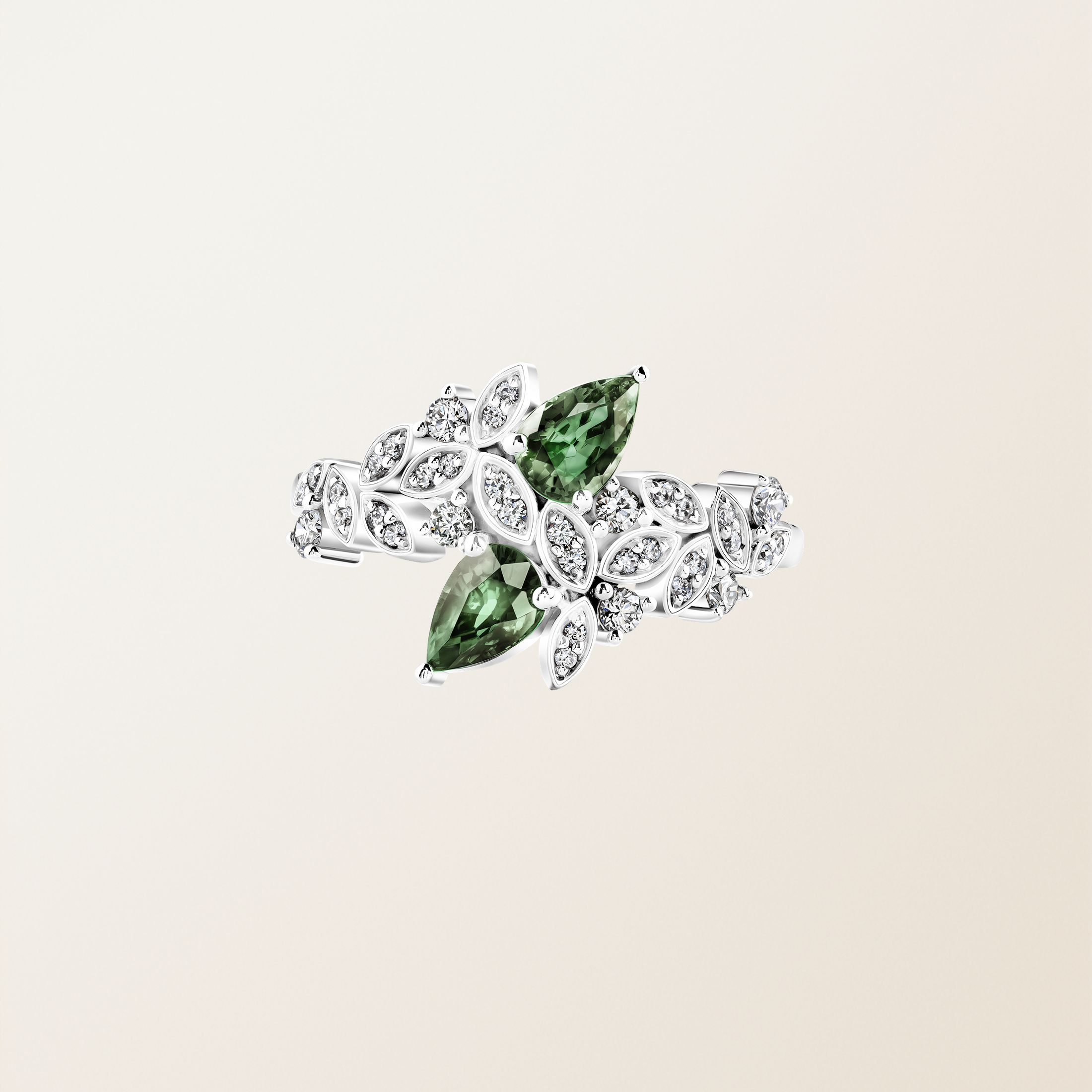 Bague Or blanc 18 cts Saphir Vert Olivier EverBloom Toi & Moi