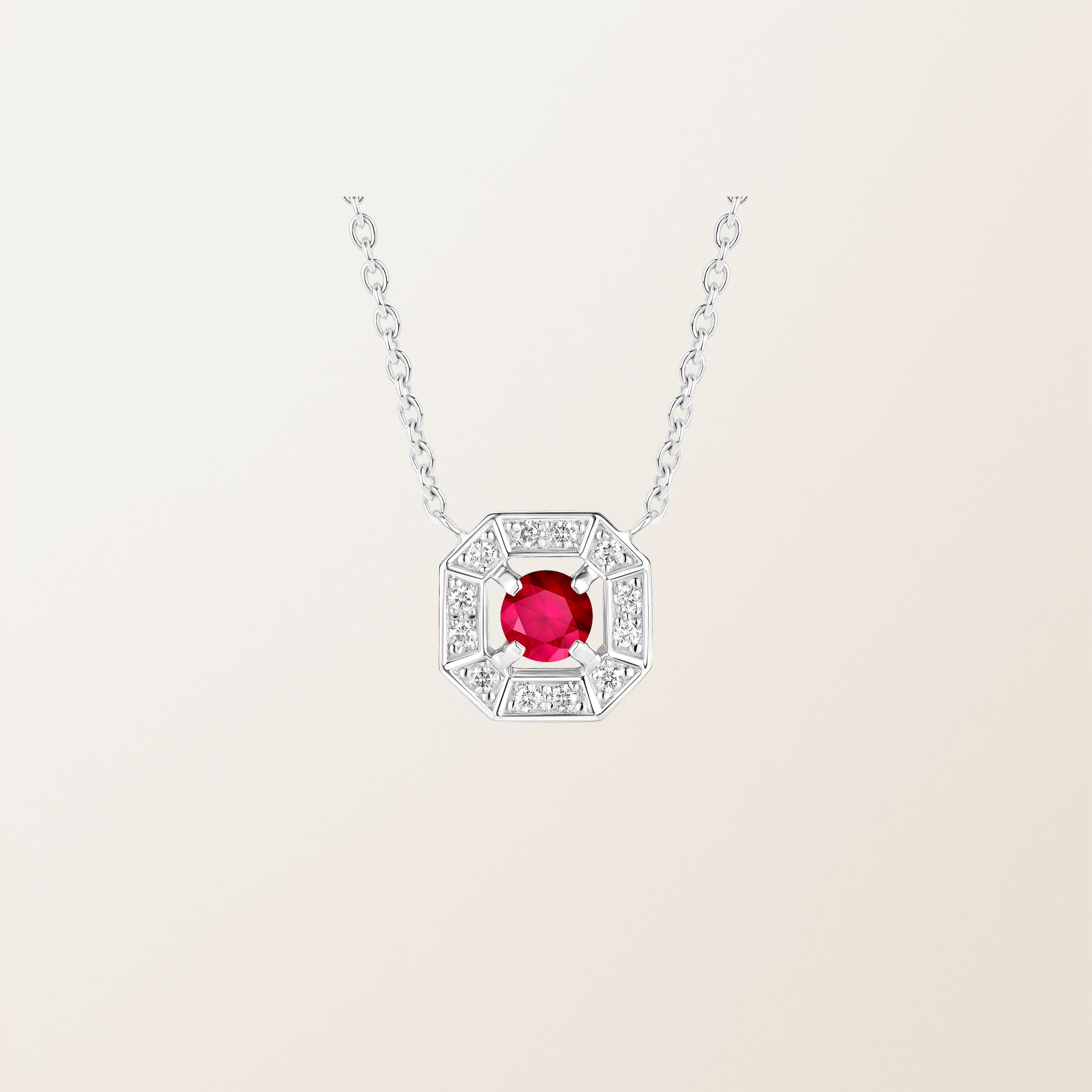 Pendentif Or blanc 18 cts Rubis Art Déco Rond 4 mm
