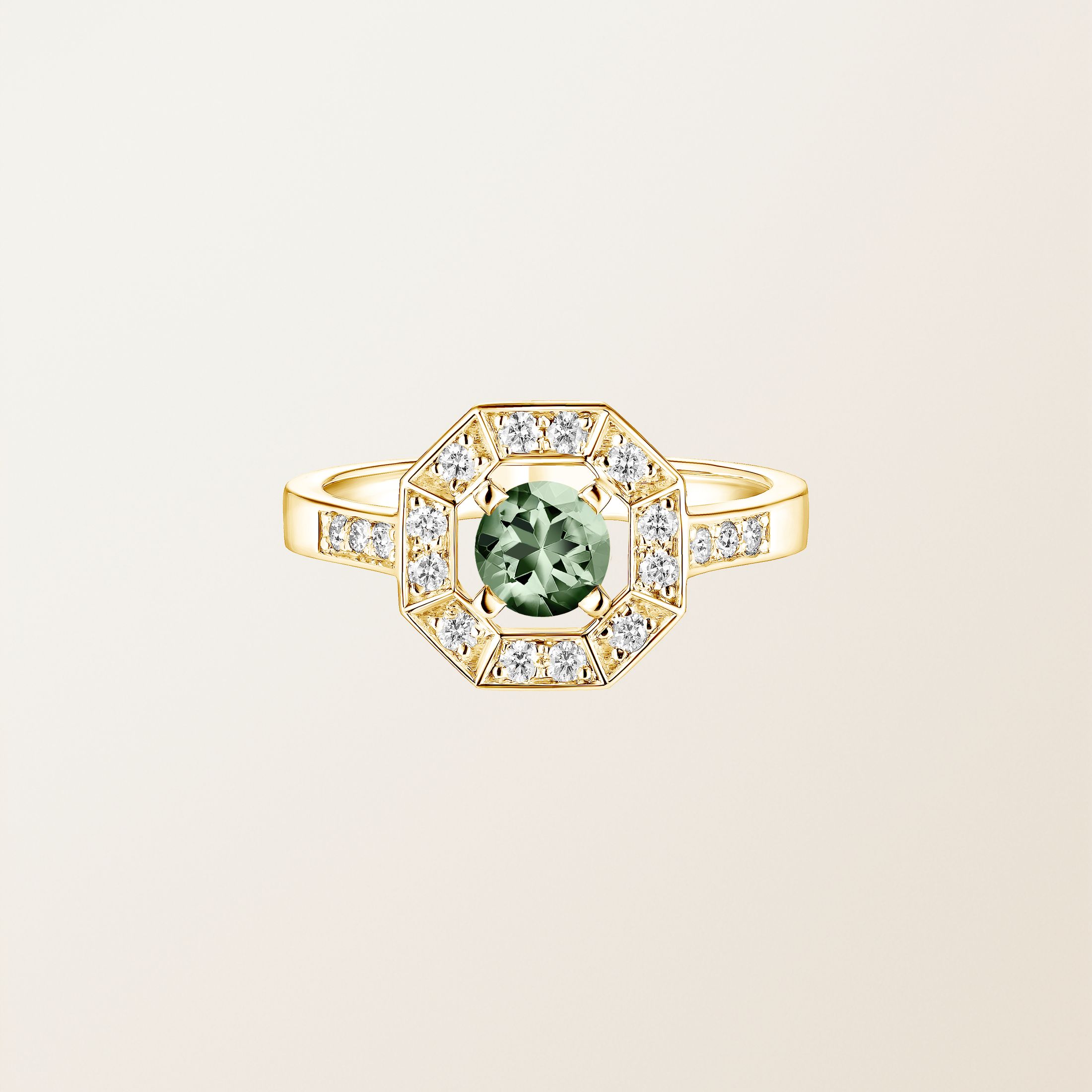 Bague Or jaune 18 cts Saphir Vert Art Déco Rond 5 mm
