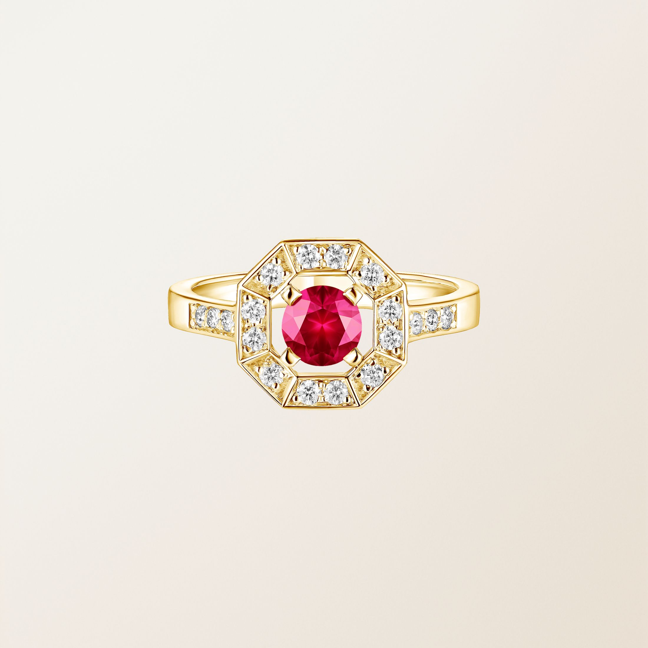 Bague Or jaune 18 cts Rubis Art Déco Rond 5 mm