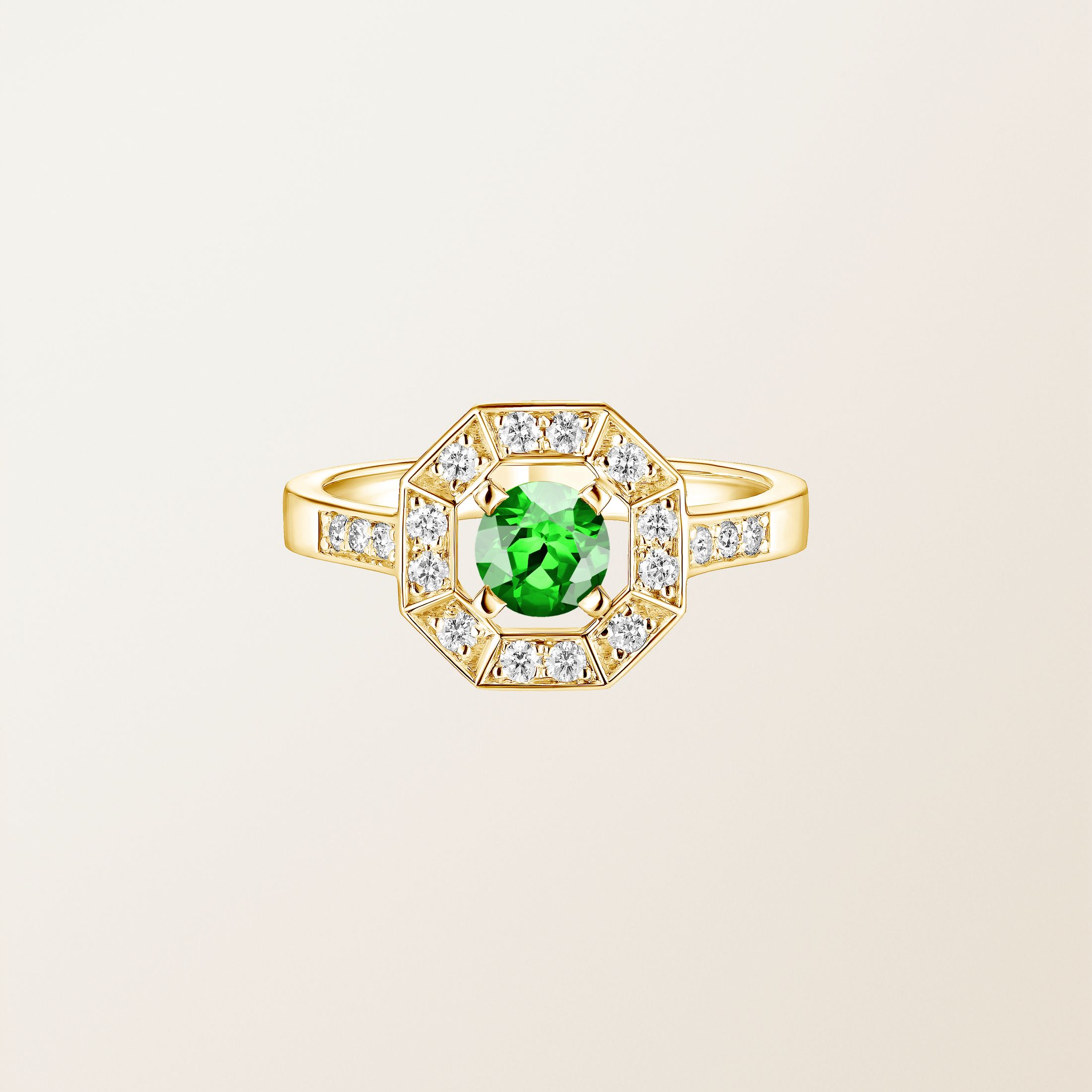Bague Or jaune 18 cts Tsavorite Art Déco Rond 5 mm