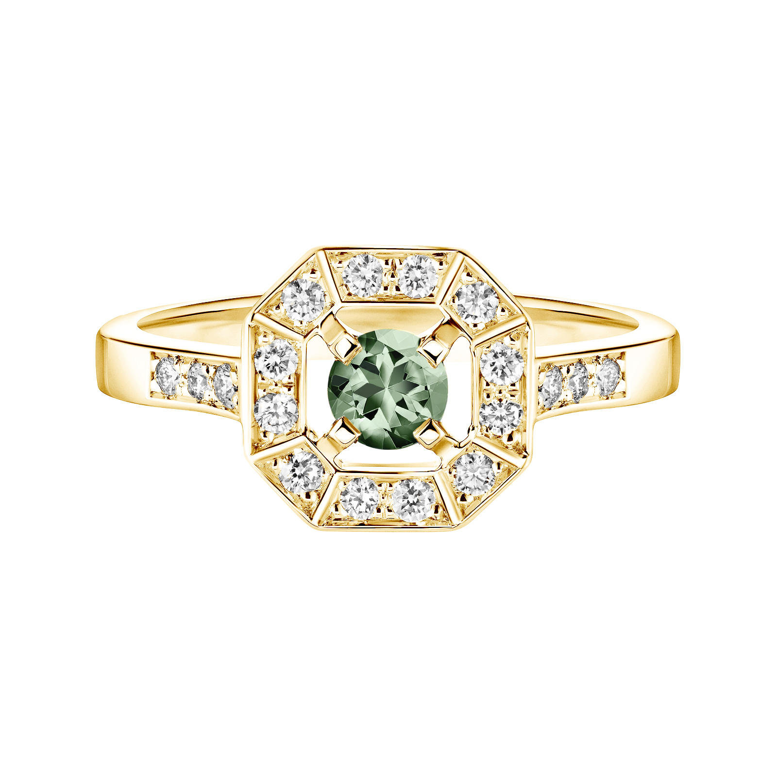 Bague Or jaune Saphir Vert et diamants Art Déco Rond 4 mm 1