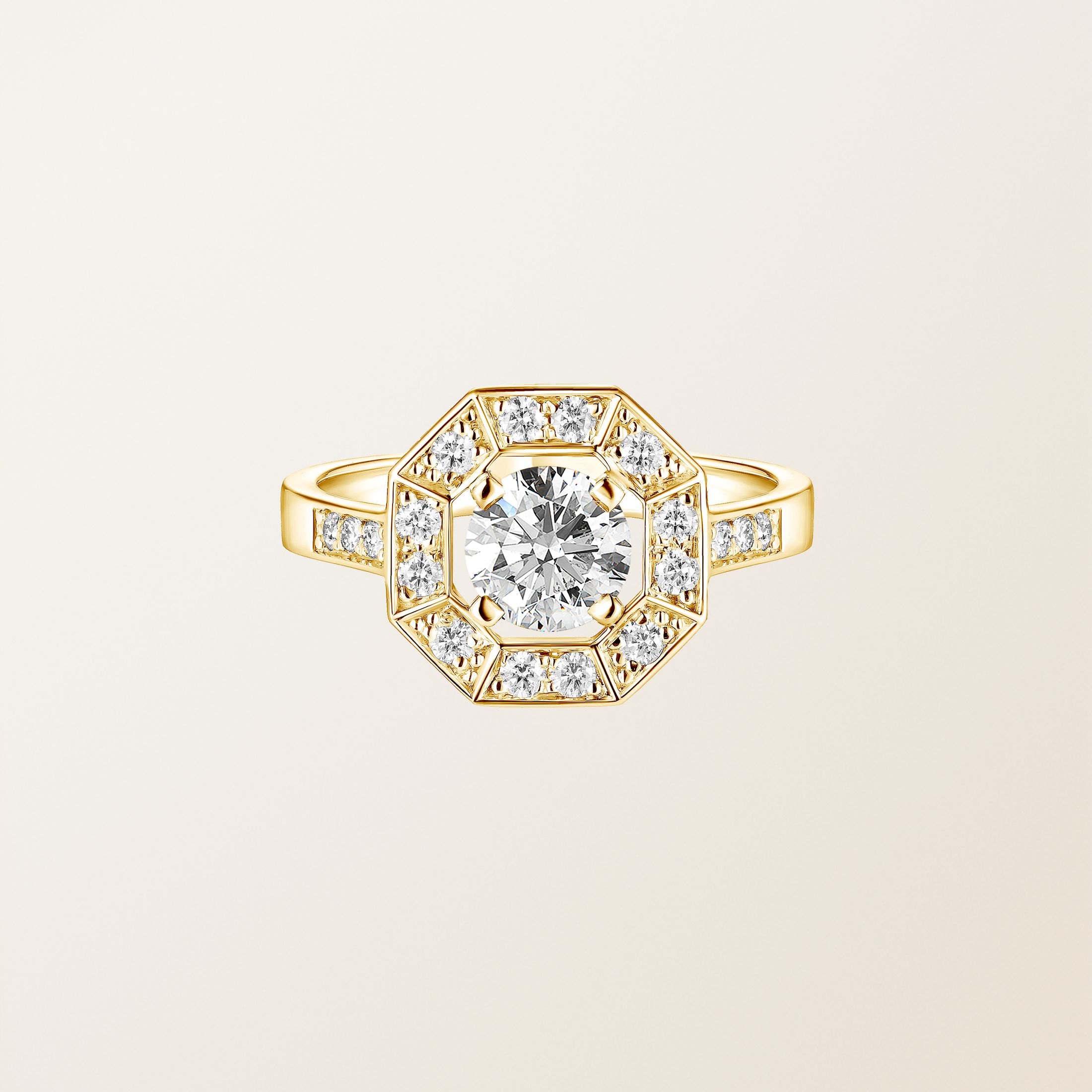 Bague Or jaune 18 cts Diamant Art Déco Rond 6 mm