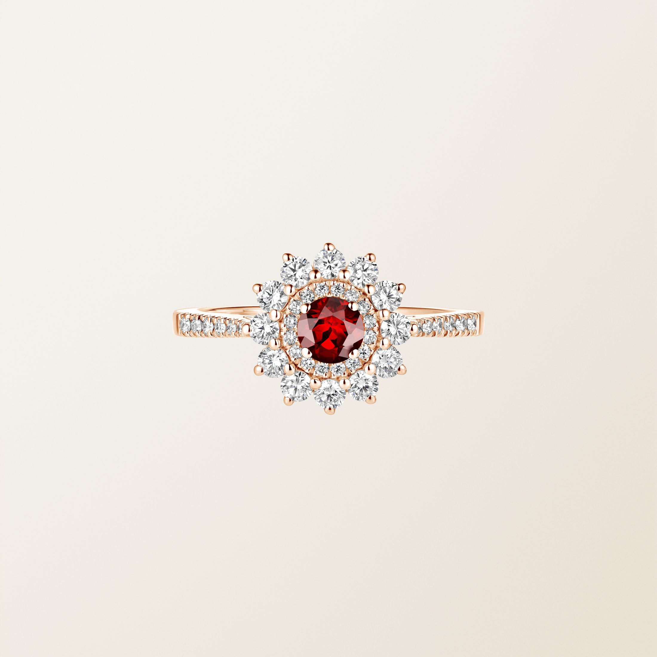 Bague Or rose 18 cts Grenat Lefkos 4 mm Pavée