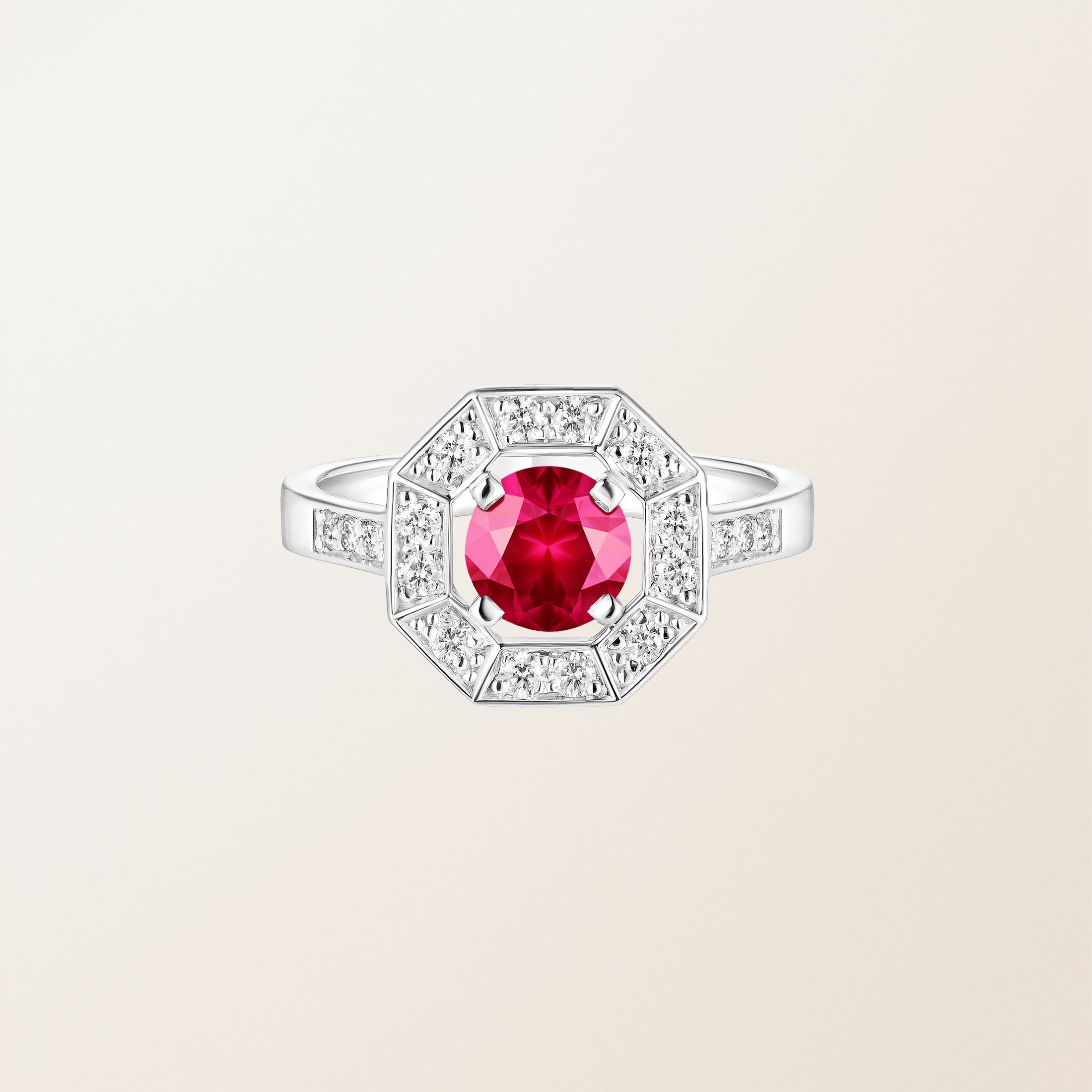 Bague Or blanc 18 cts Rubis Art Déco Rond 6 mm