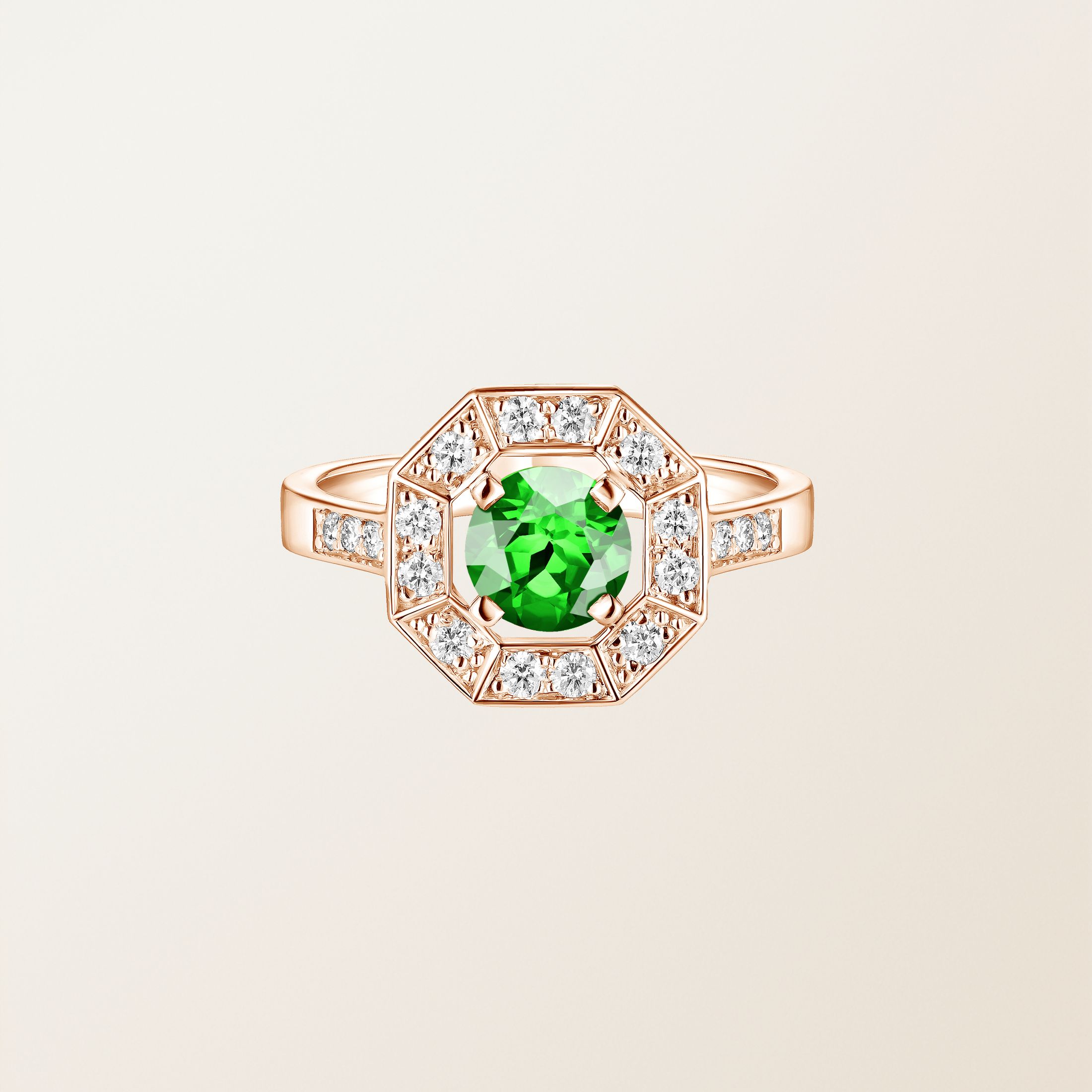 Bague Or rose 18 cts Tsavorite Art Déco Rond 6 mm