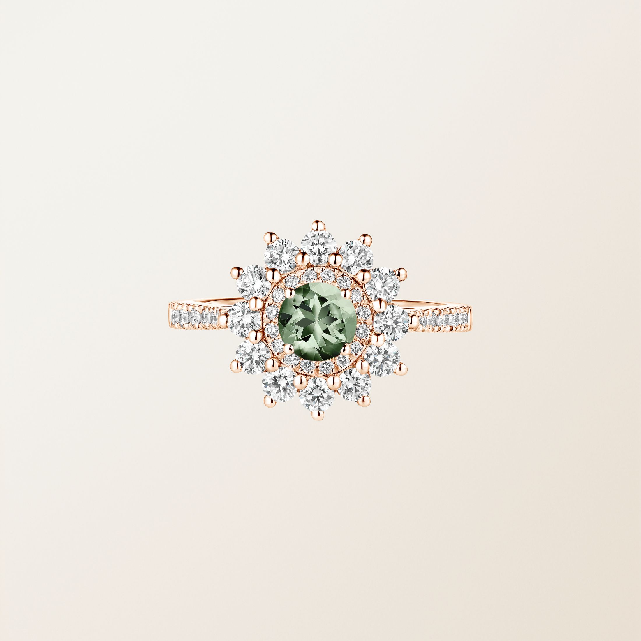 Bague Or rose 18 cts Saphir Vert Lefkos 5 mm Pavée