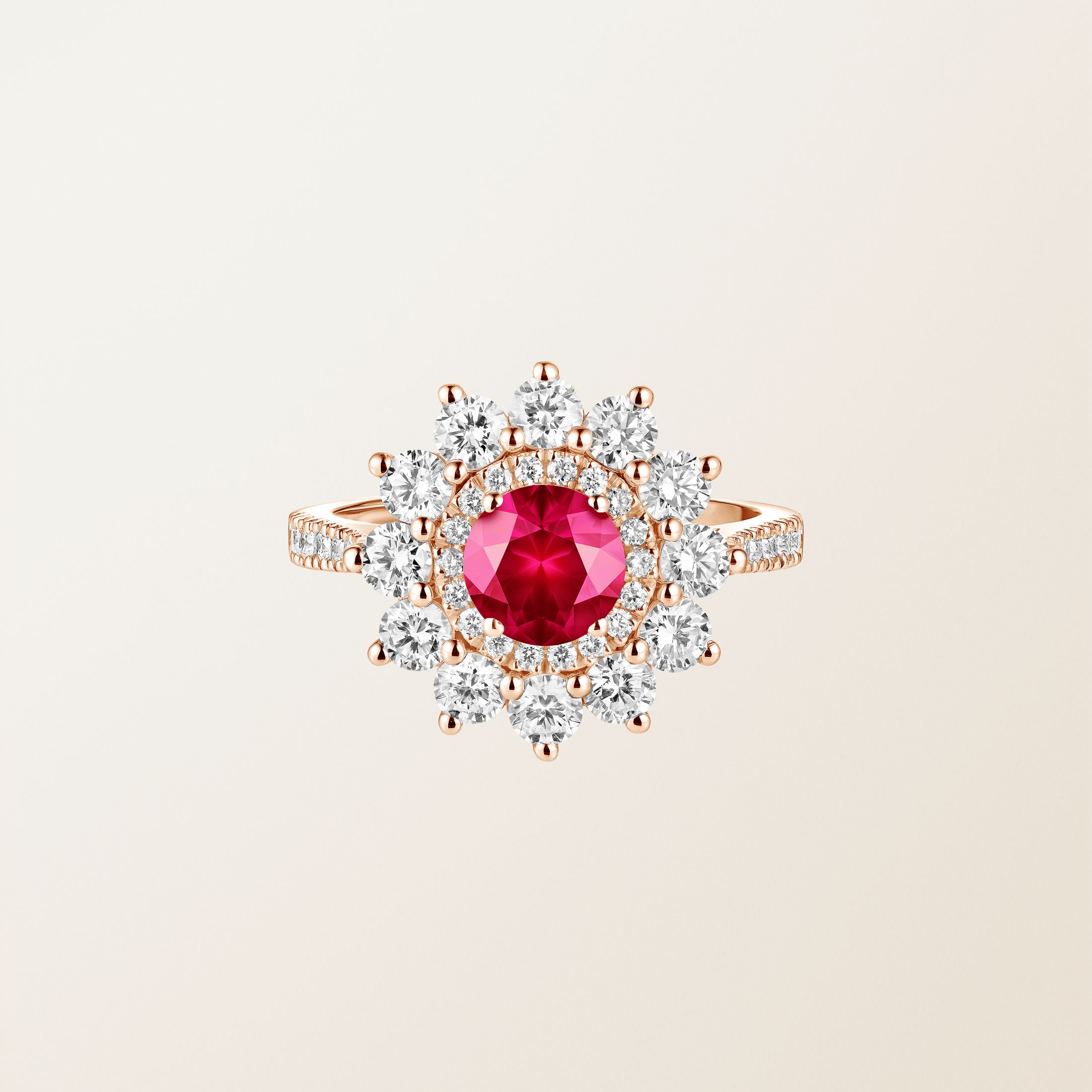 Bague Or rose 18 cts Rubis Lefkos 6 mm Pavée