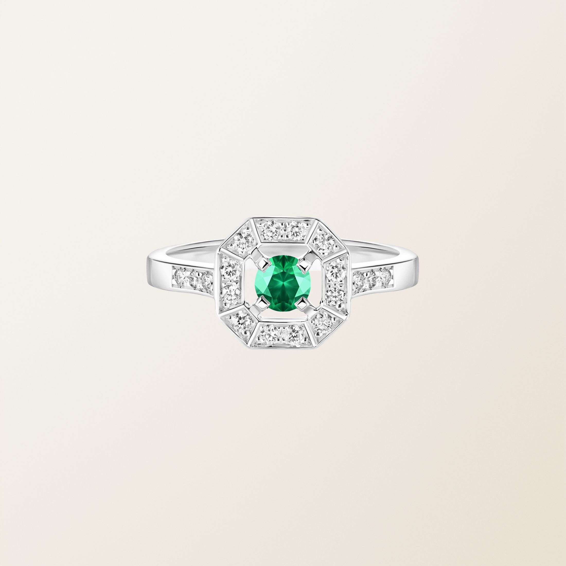 Ring 18K Weißgold Smaragdgrün Art Déco Rond 4 mm