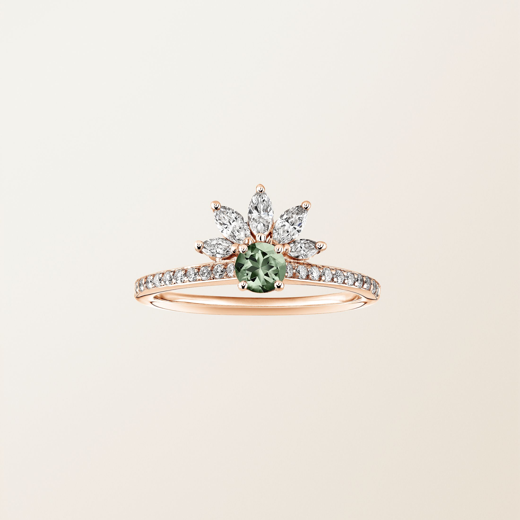 Bague Or rose 18 cts Saphir Vert EverBloom Pavée 4 mm