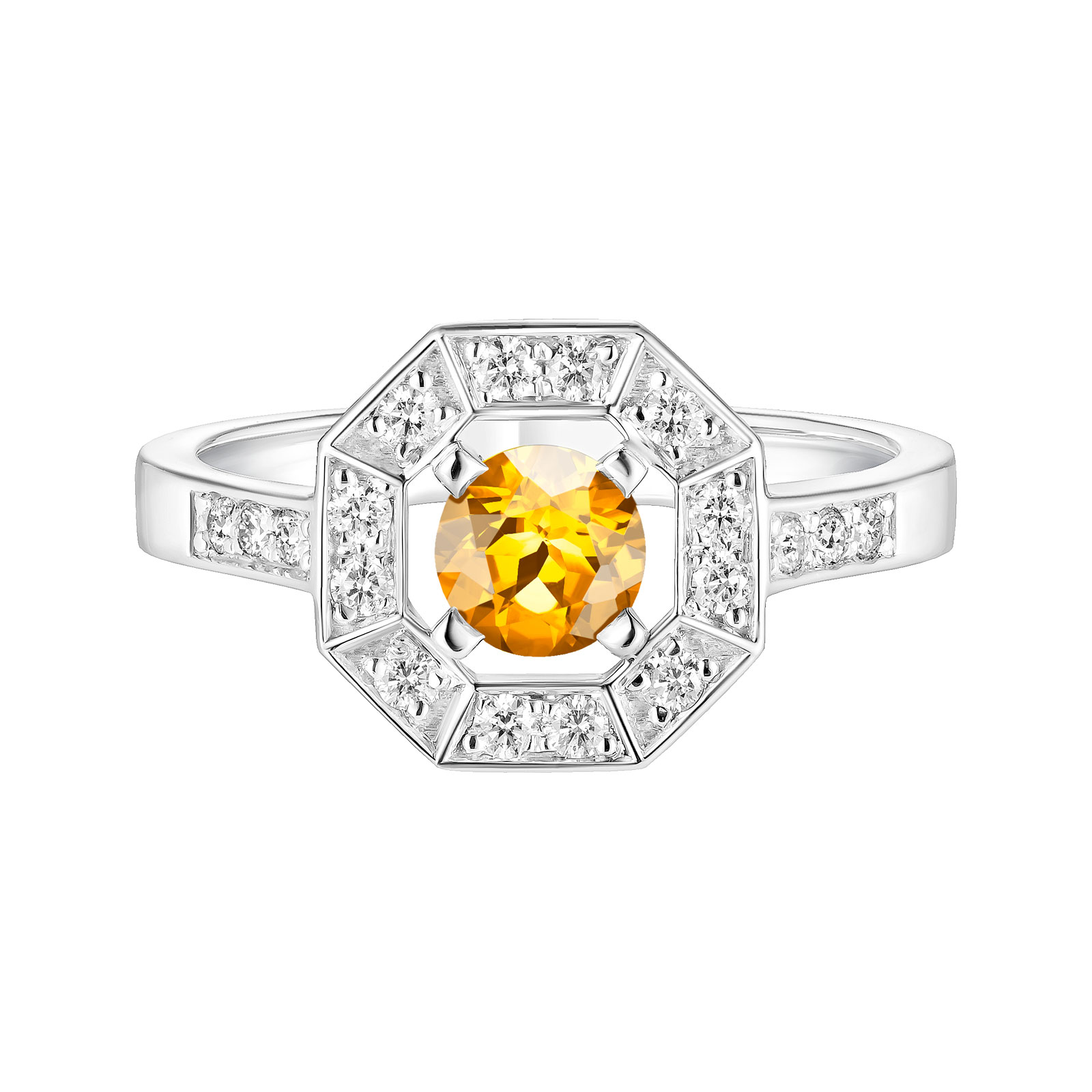 Bague Or blanc Citrine et diamants Art Déco Rond 5 mm 1