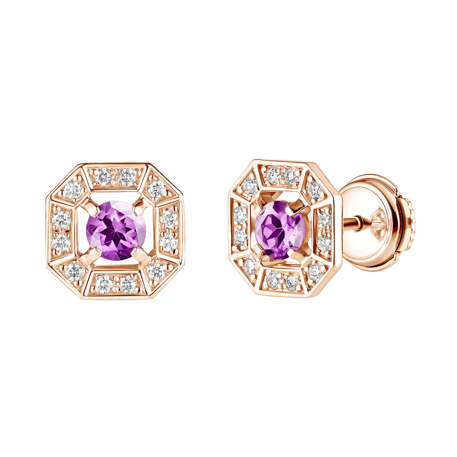 Boucles d'oreilles Or rose Améthyste et diamants Art Déco Rond 4 mm 1