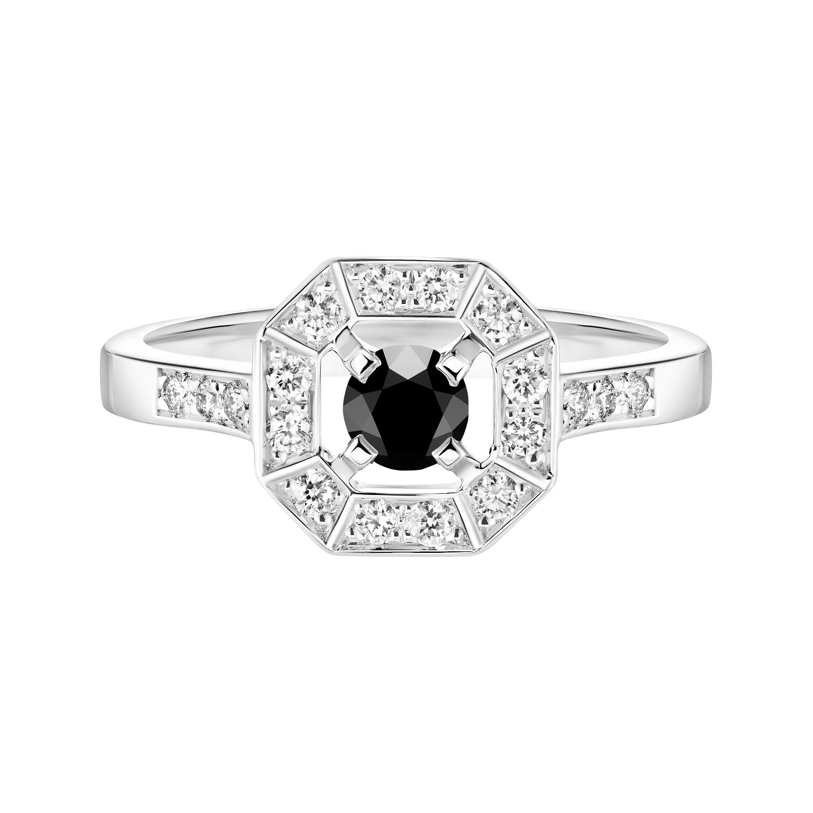 Bague Or blanc Spinelle noir et diamants Art Déco Rond 4 mm 1