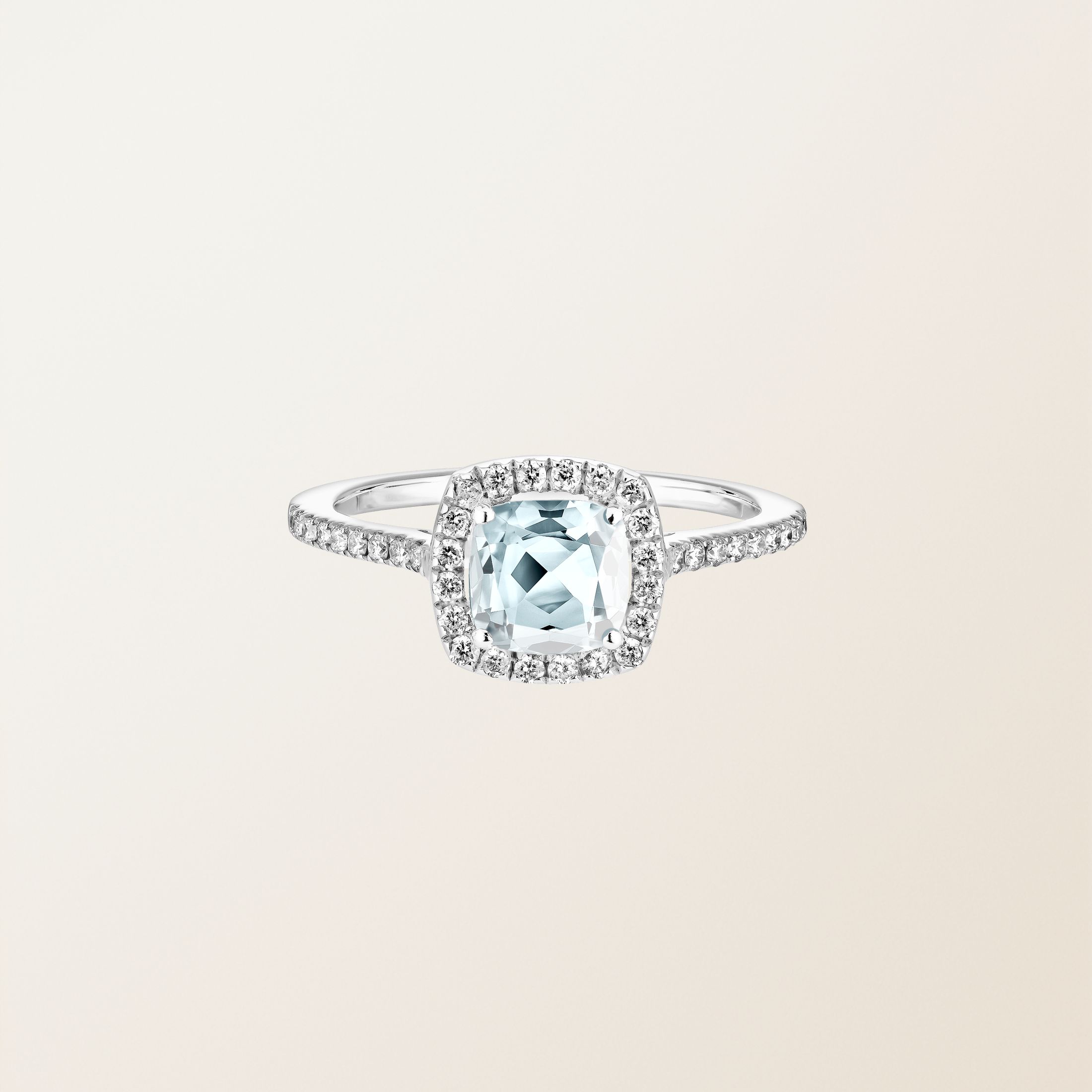 Ring 18K Weißgold Aquamarin Rétromantique Coussin Pavée