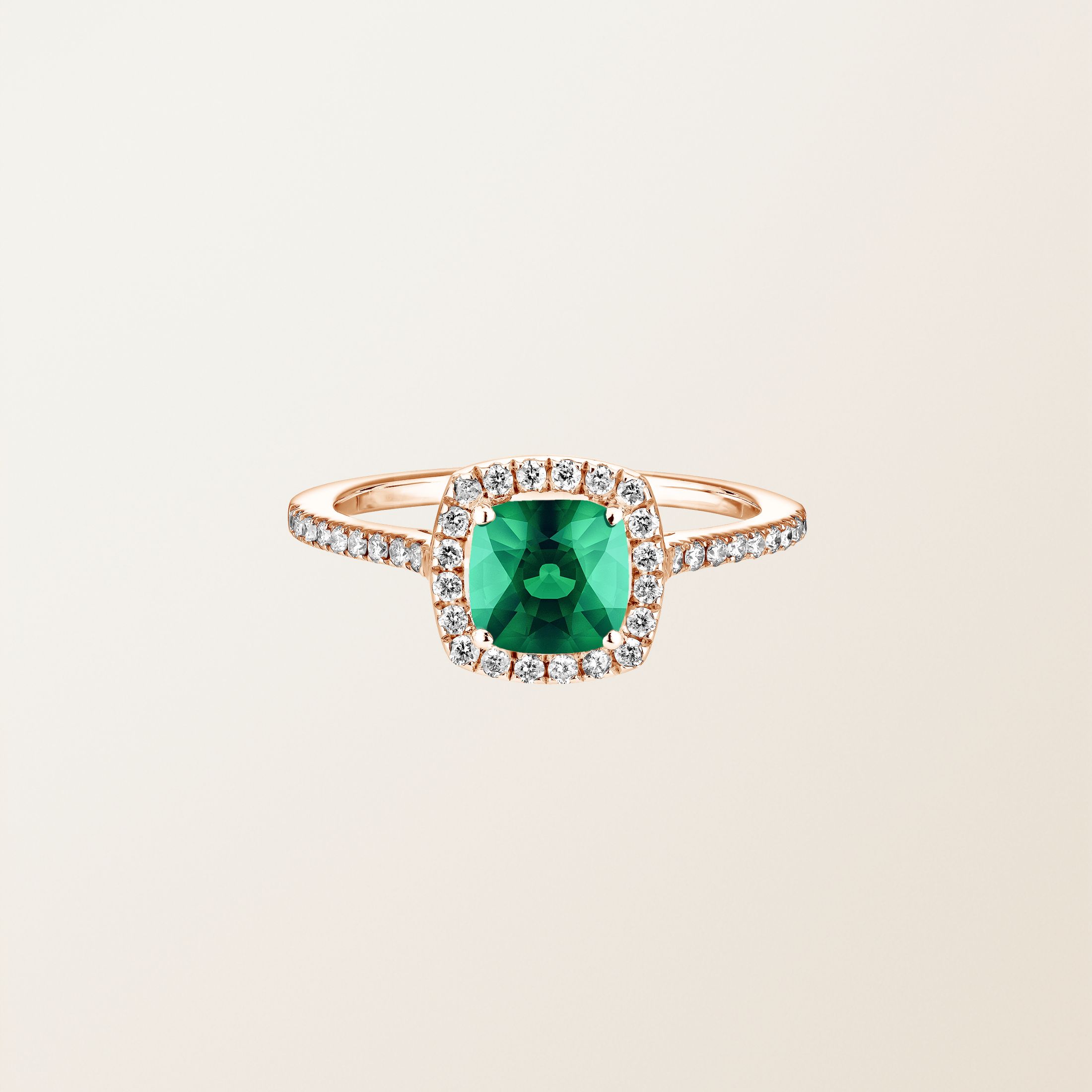 Ring 18K Roségold Smaragdgrün Rétromantique Coussin Pavée