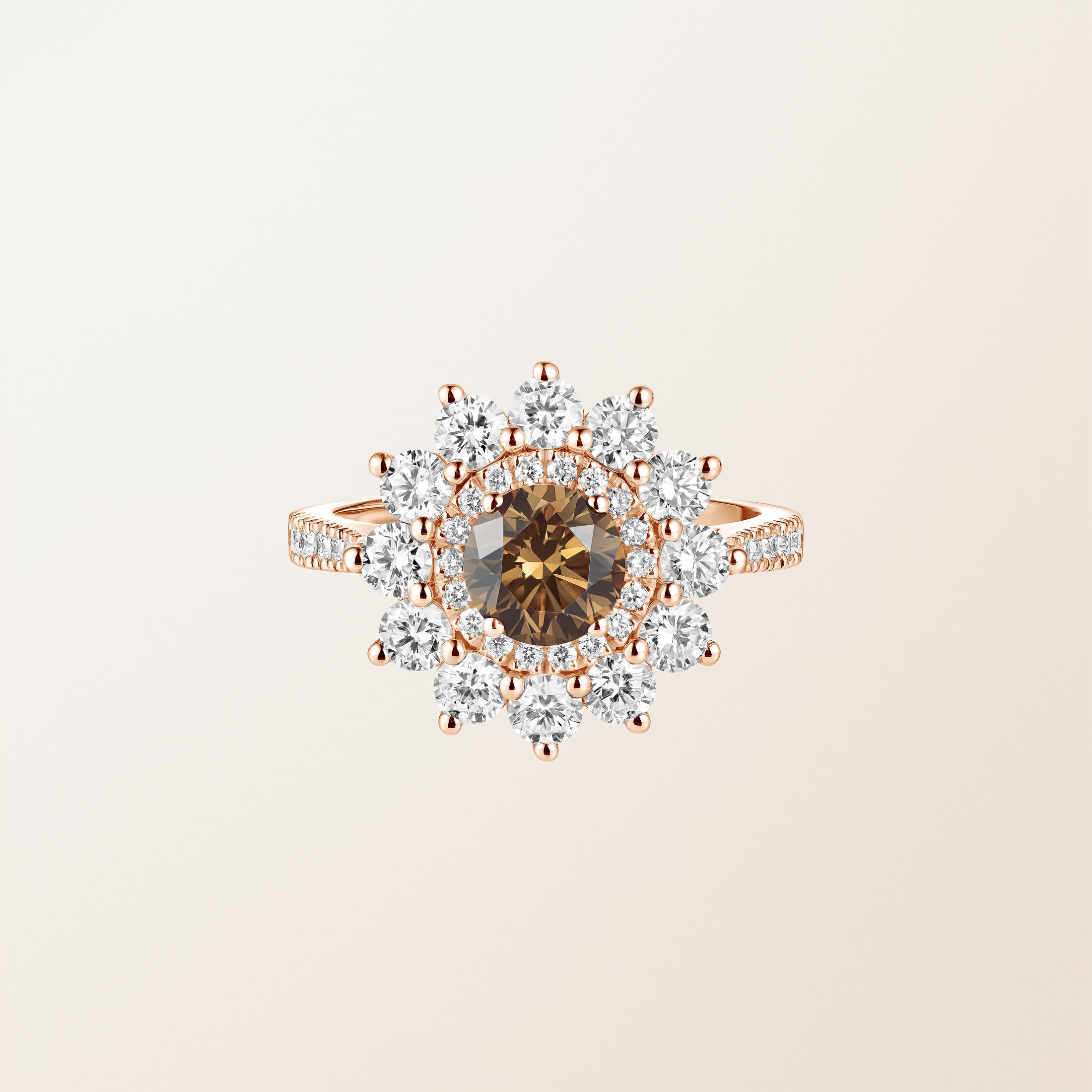 Bague Or rose 18 cts Diamant Chocolat Lefkos 6 mm Pavée