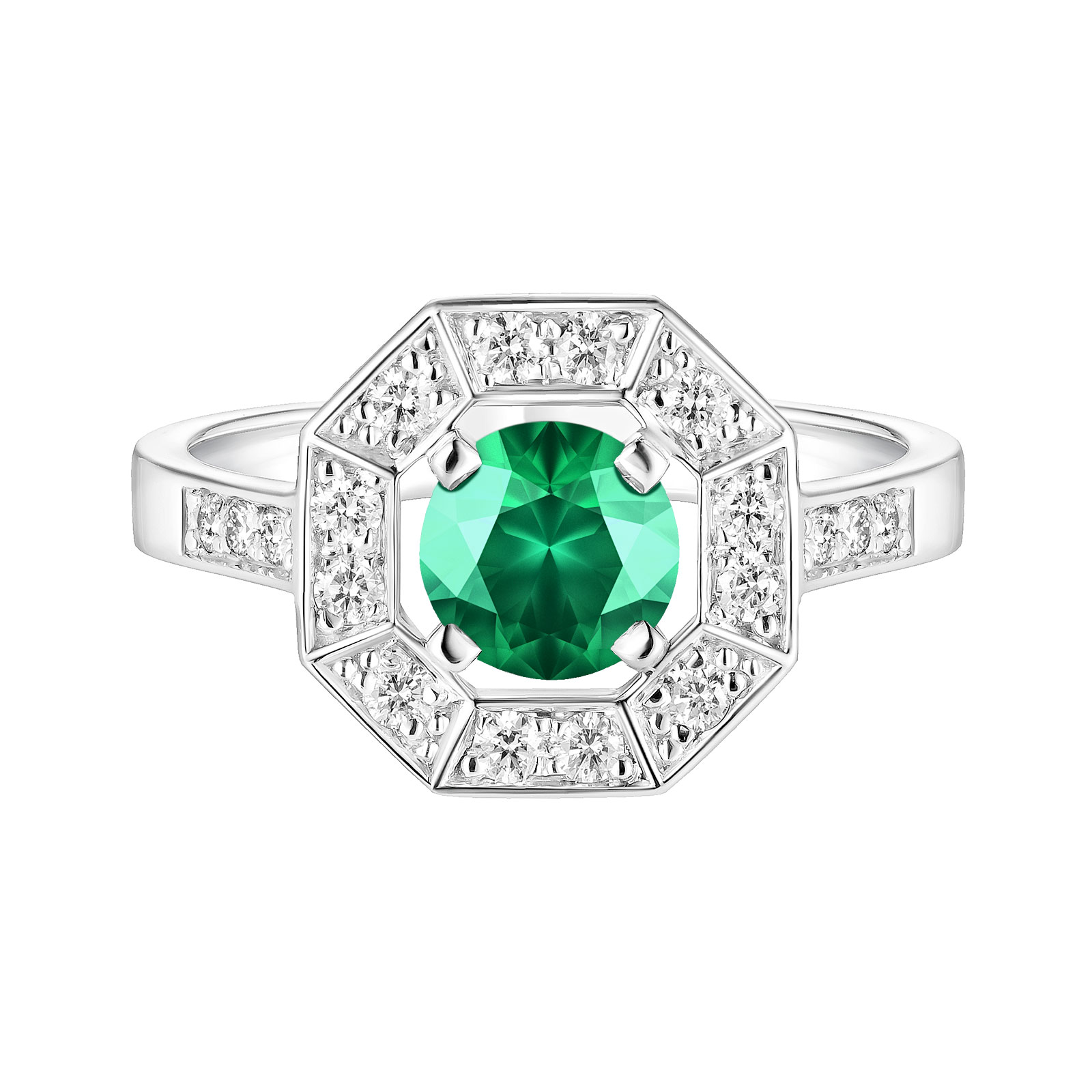 Bague Or blanc Emeraude et diamants Art Déco Rond 6 mm 1