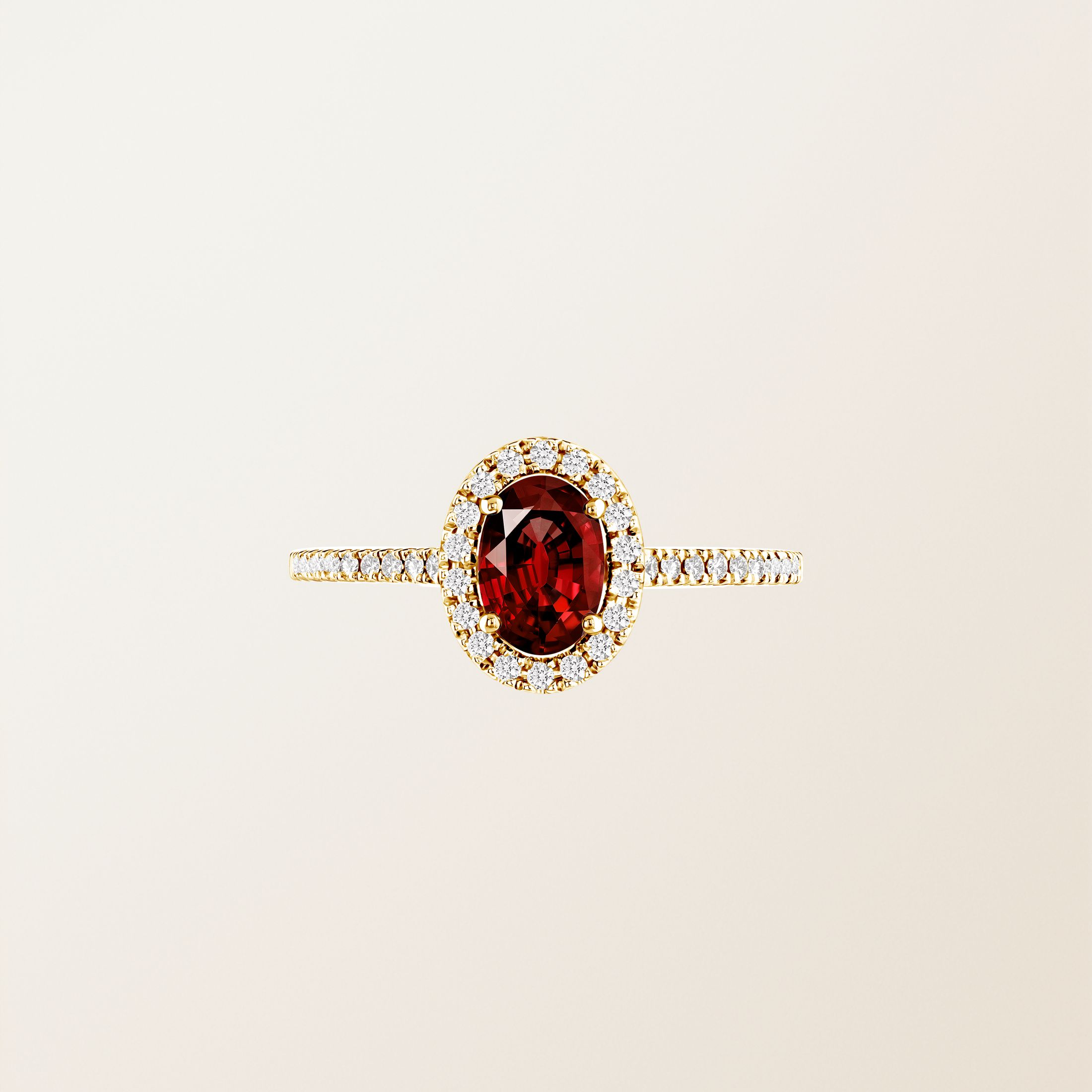 Bague Or jaune 18 cts Grenat Rétromantique Ovale Pavée