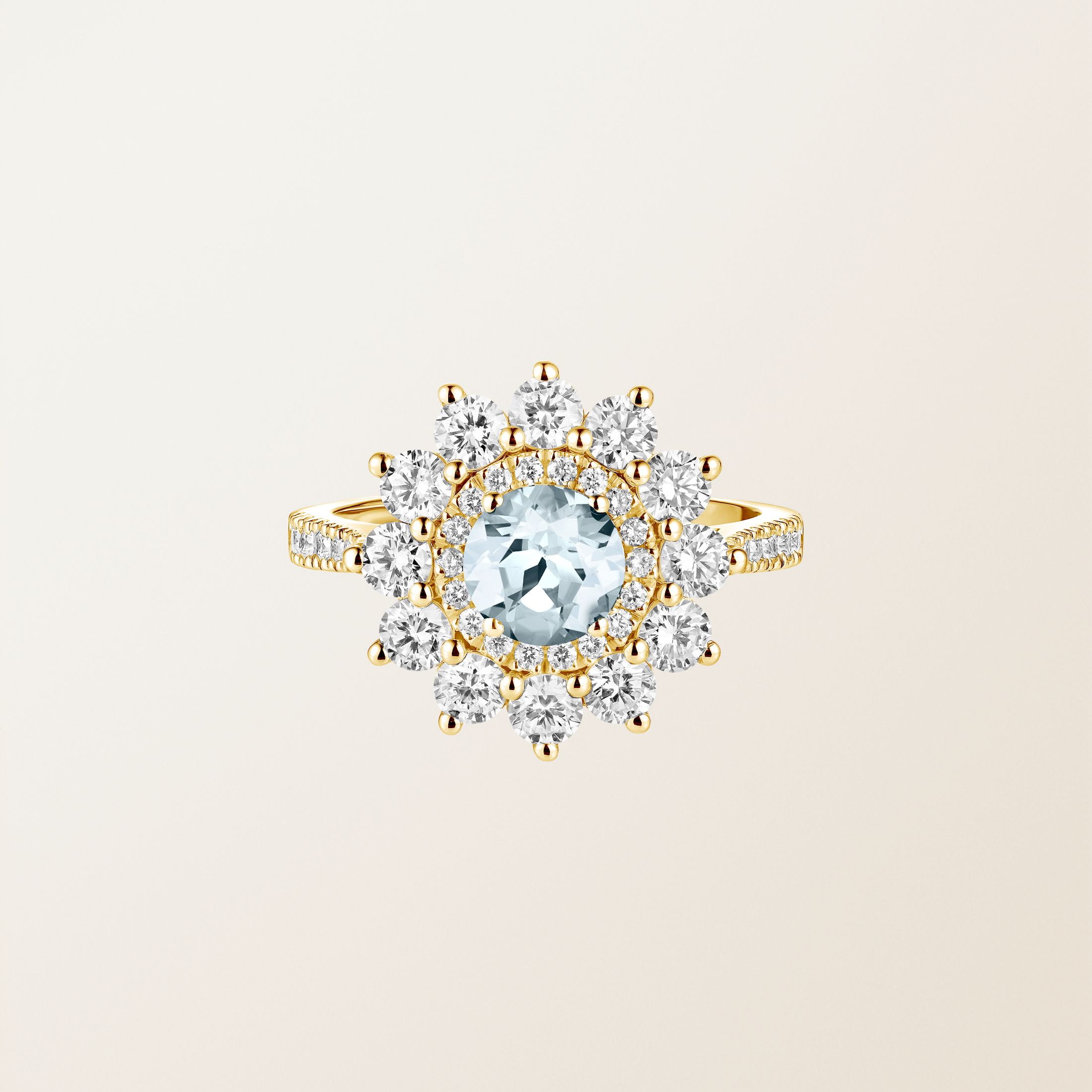 Bague Or jaune 18 cts Aigue-marine Lefkos 6 mm Pavée