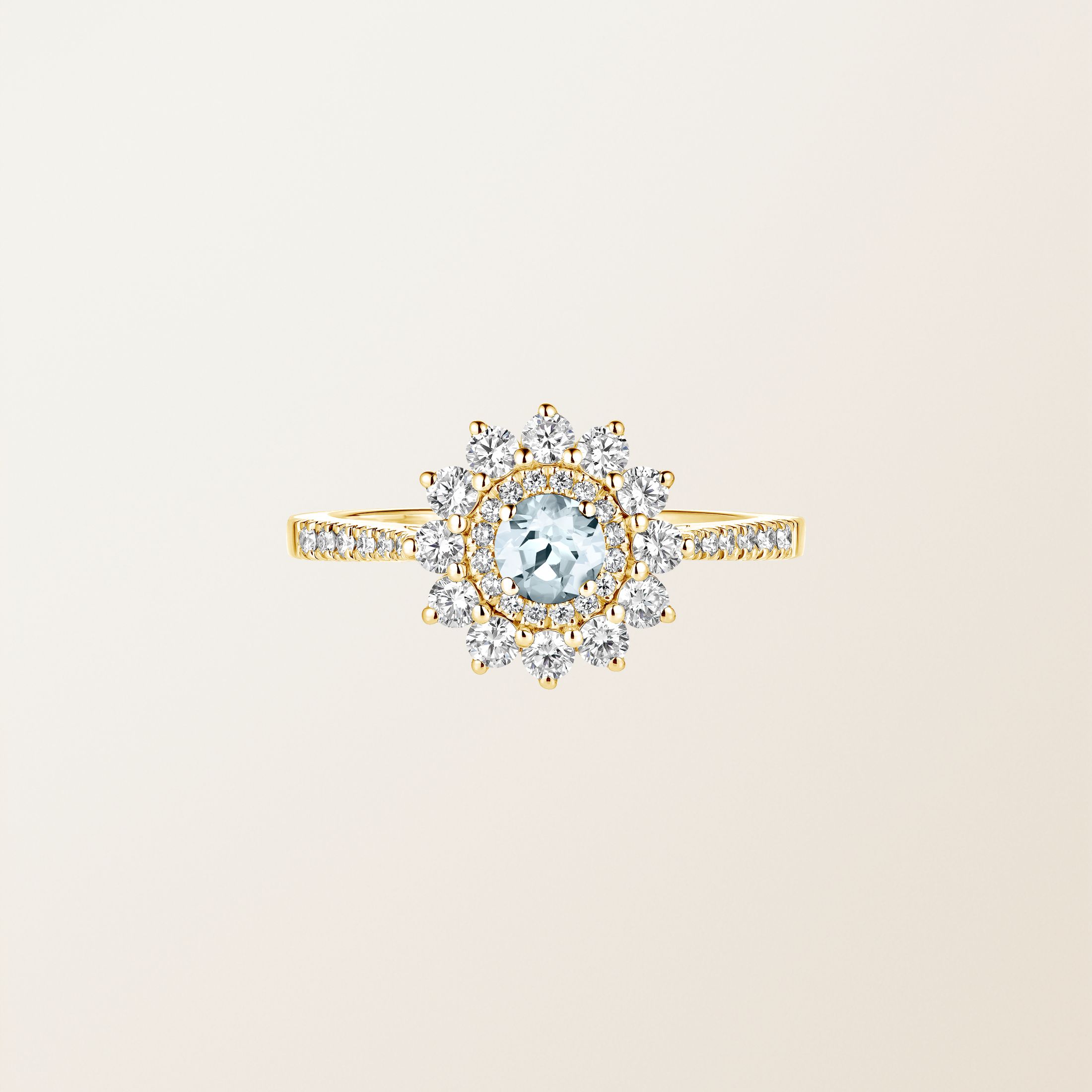 Bague Or jaune 18 cts Aigue-marine Lefkos 4 mm Pavée