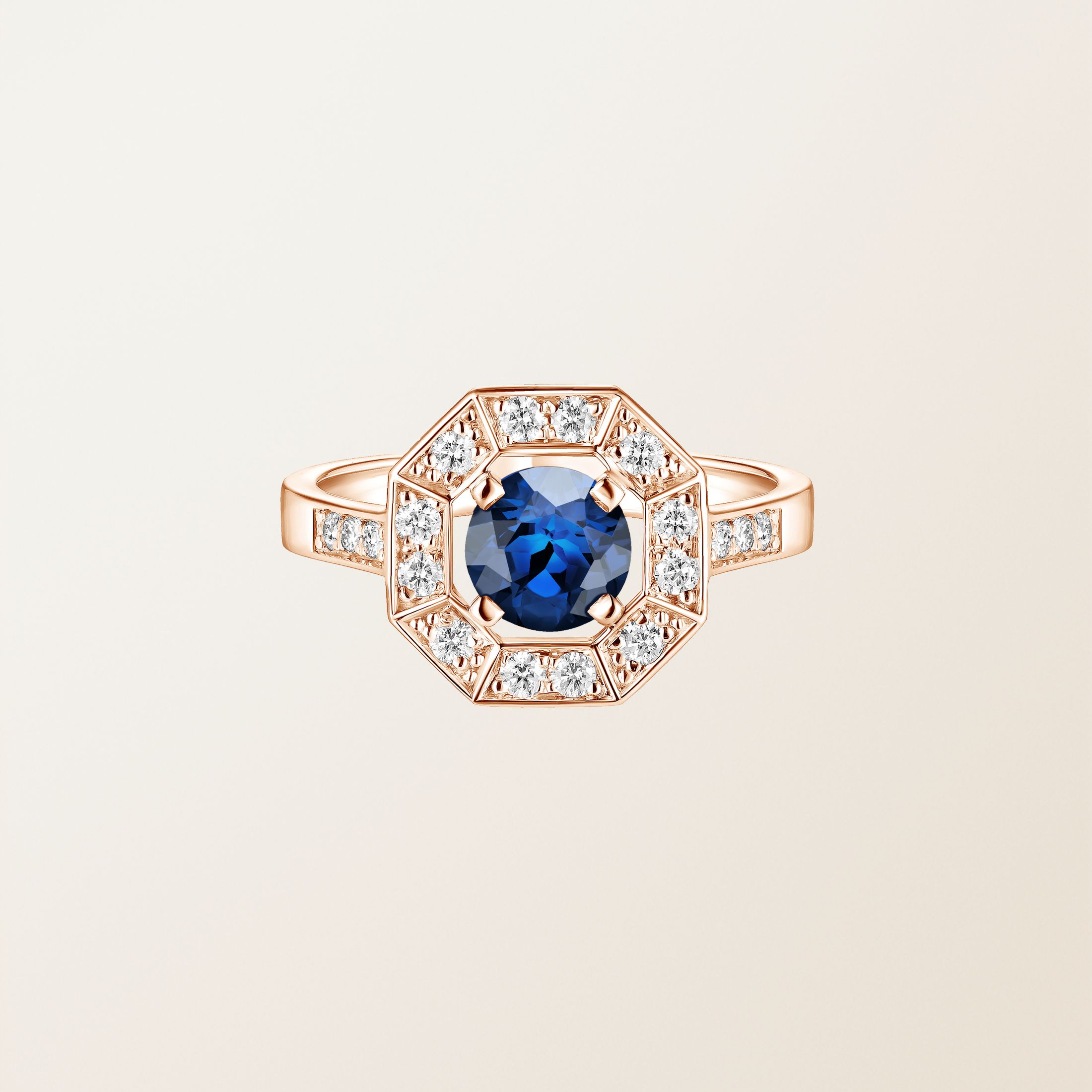 Bague Or rose 18 cts Saphir Art Déco Rond 6 mm