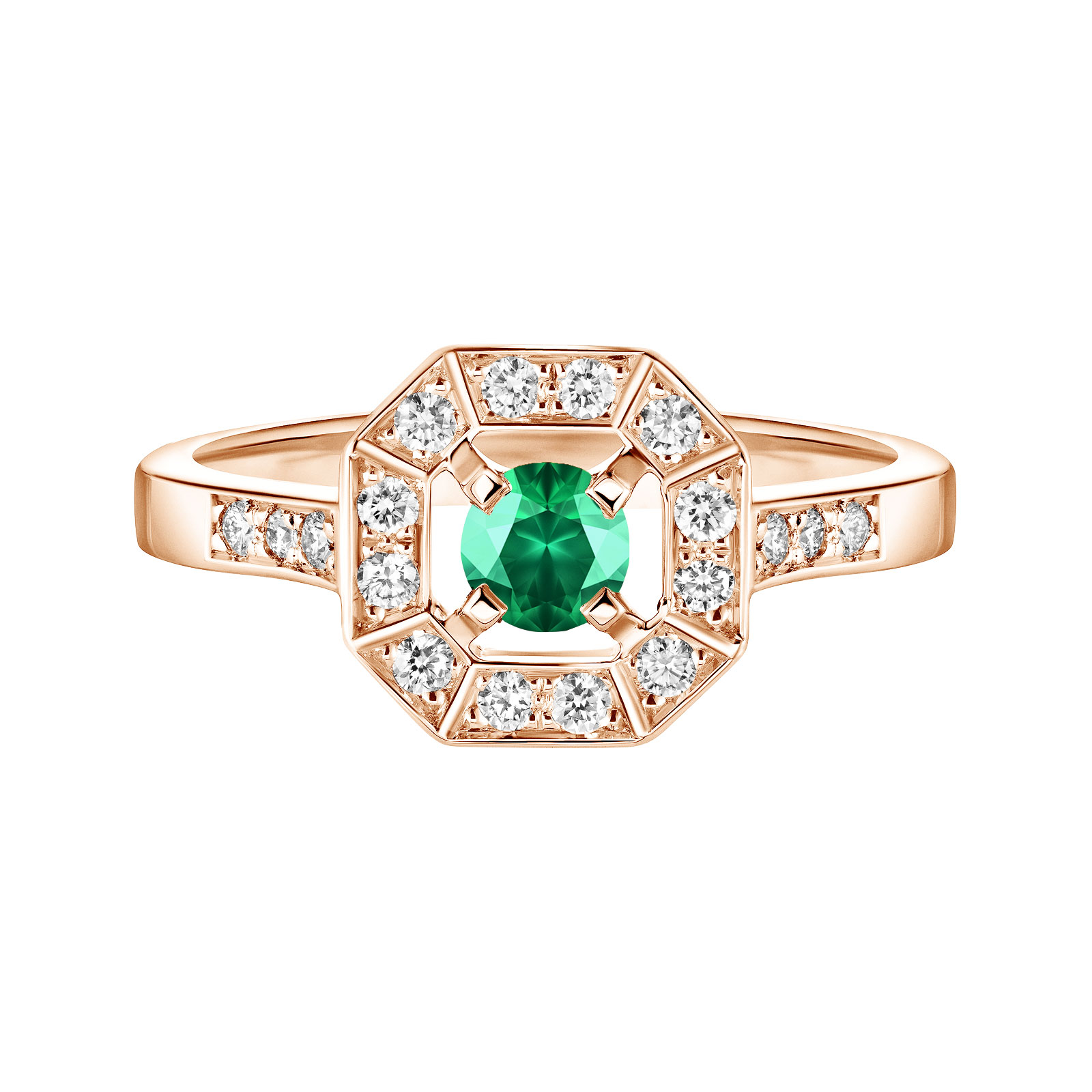 Bague Or rose Emeraude et diamants Art Déco Rond 4 mm 1