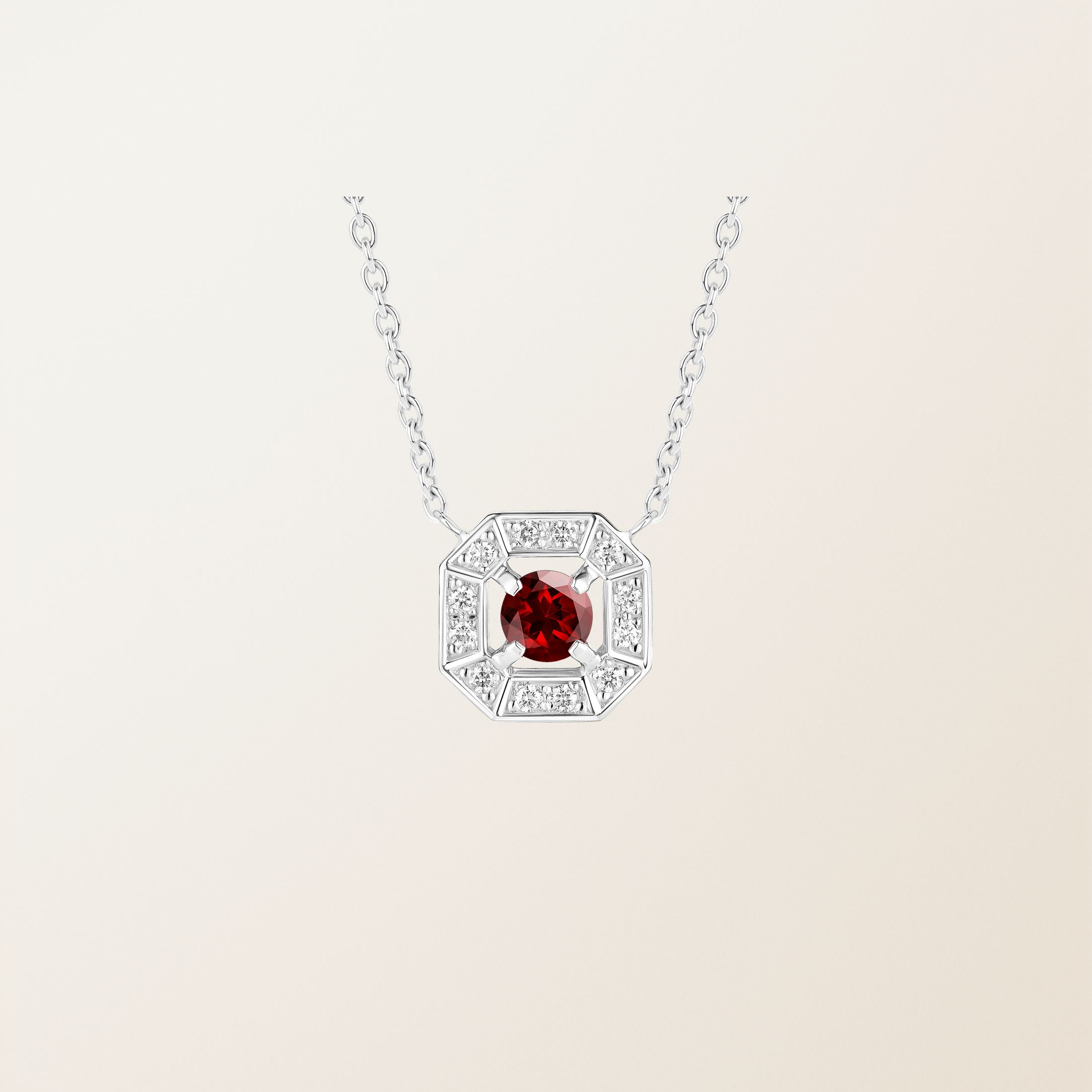 Pendentif Or blanc 18 cts Grenat Art Déco Rond 4 mm