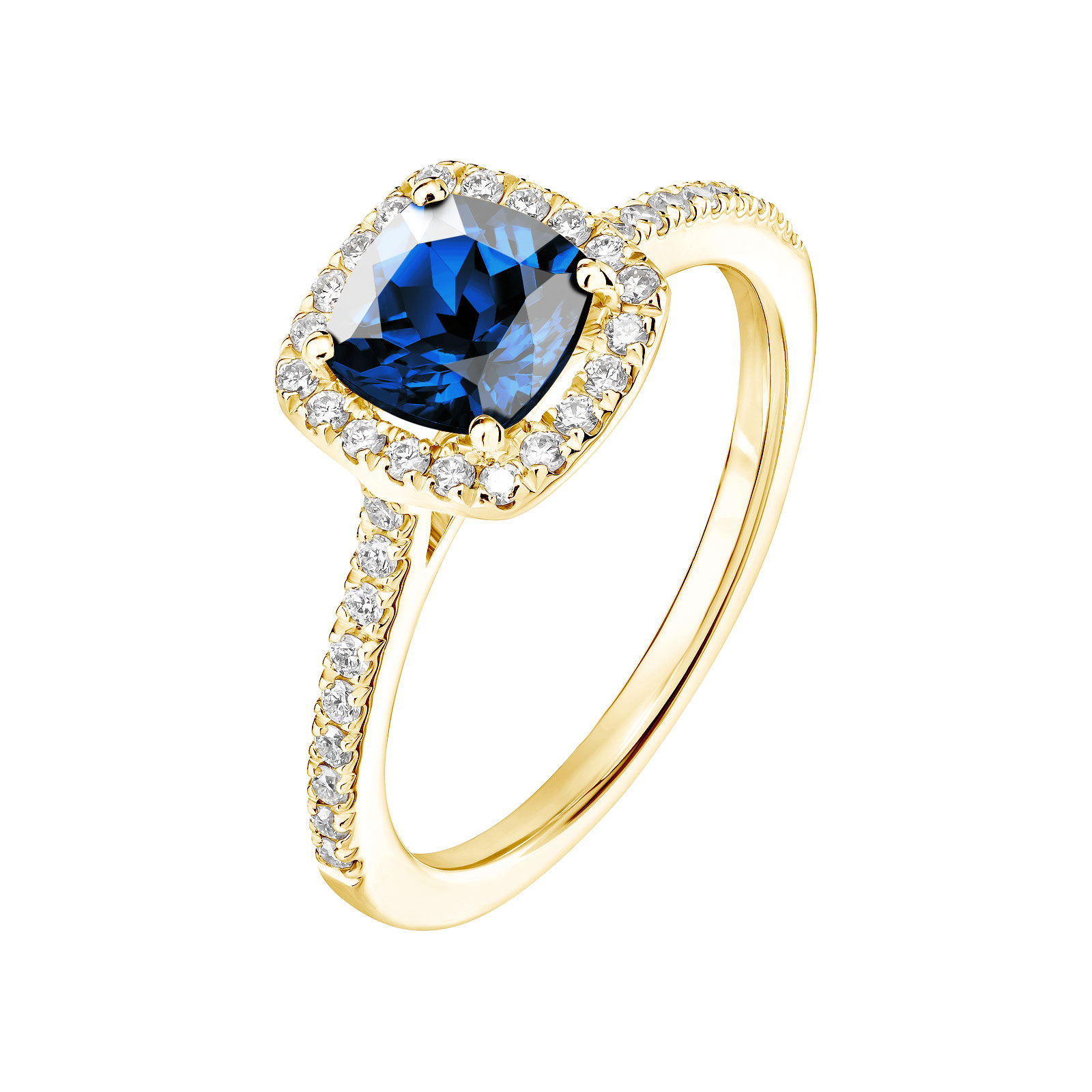 Bague Or jaune Saphir et diamants Rétromantique Coussin Pavée 1