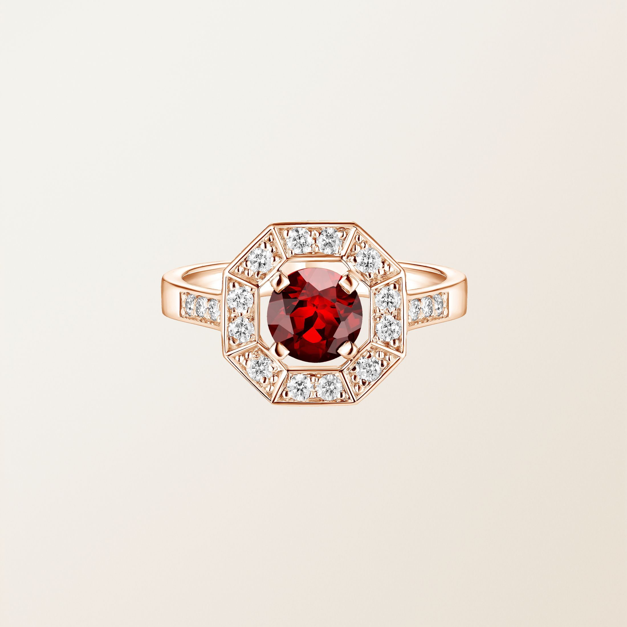 Bague Or rose 18 cts Grenat Art Déco Rond 6 mm
