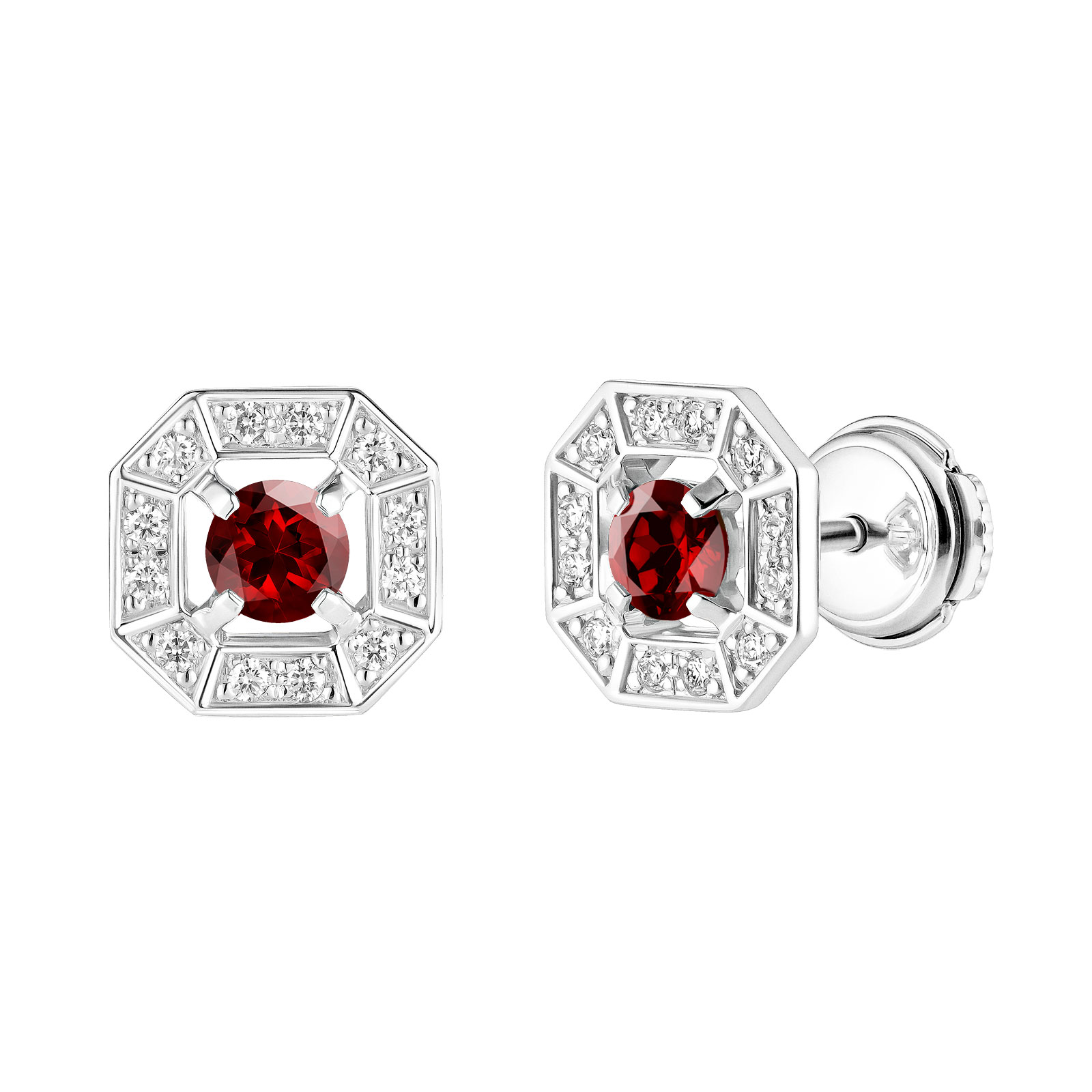 Boucles d'oreilles Or blanc Grenat et diamants Art Déco Rond 4 mm 1