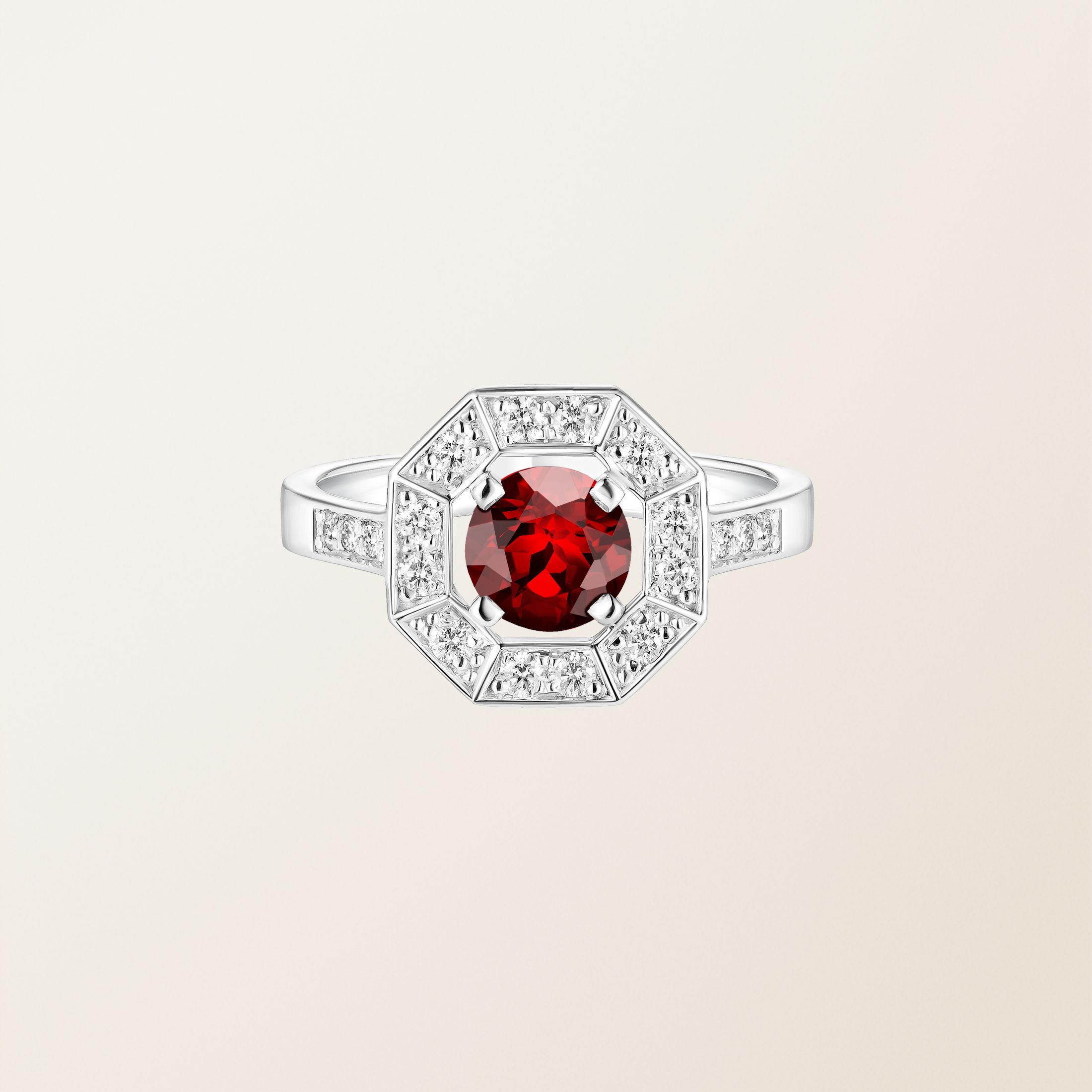 Bague Or blanc 18 cts Grenat Art Déco Rond 6 mm