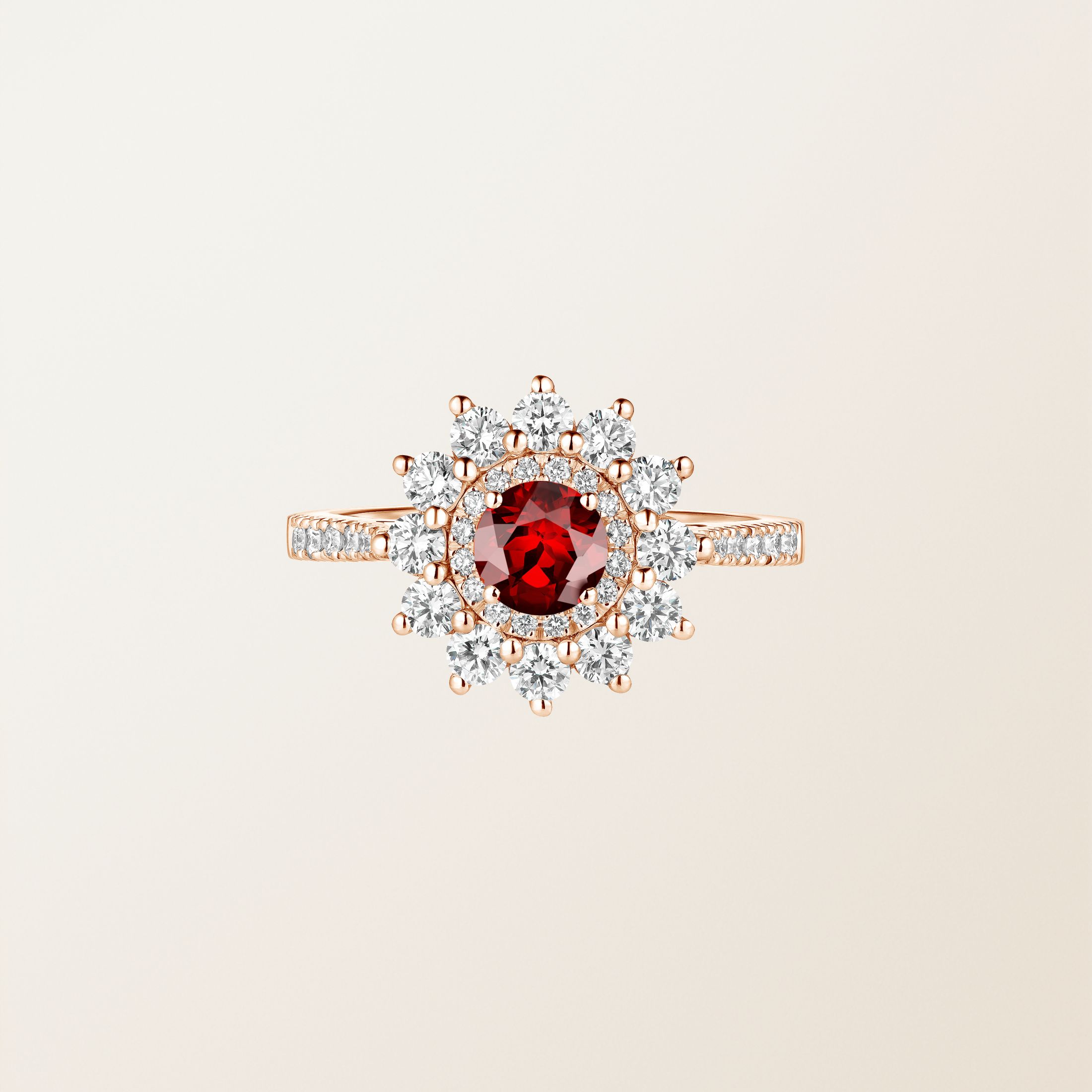 Bague Or rose 18 cts Grenat Lefkos 5 mm Pavée