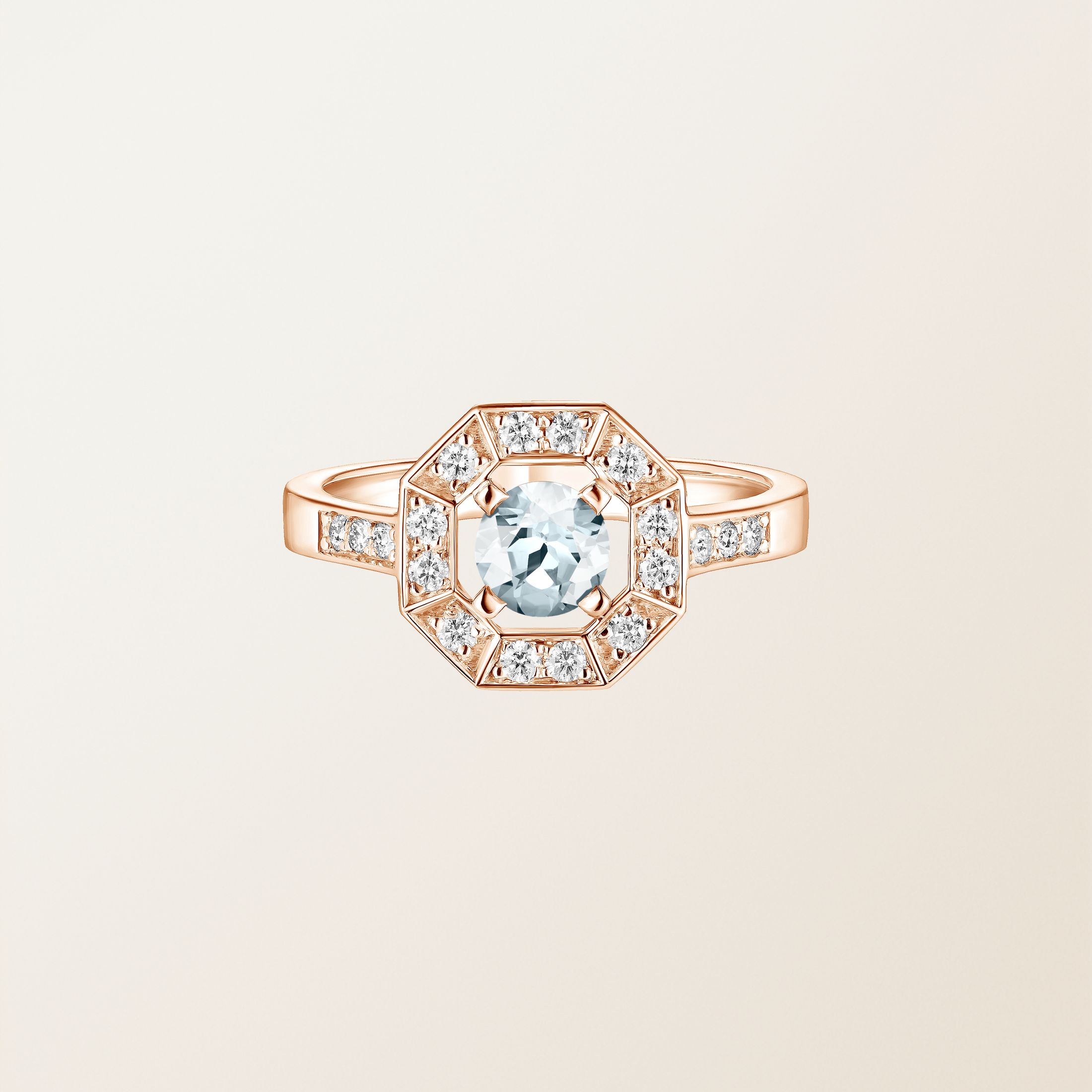 Bague Or rose 18 cts Aigue-marine Art Déco Rond 5 mm