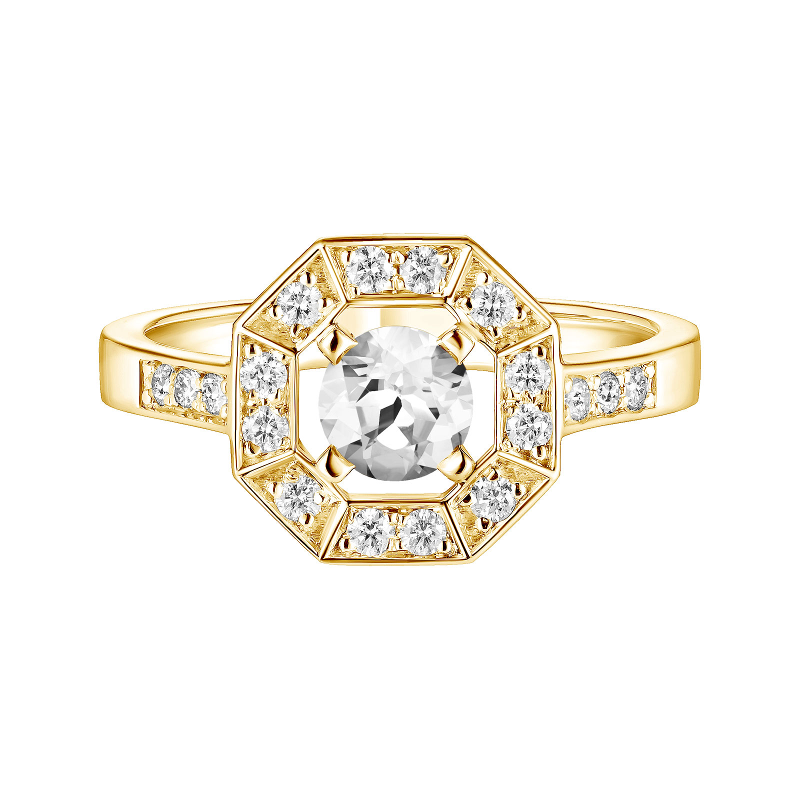Bague Or jaune Quartz et diamants Art Déco Rond 5 mm 1