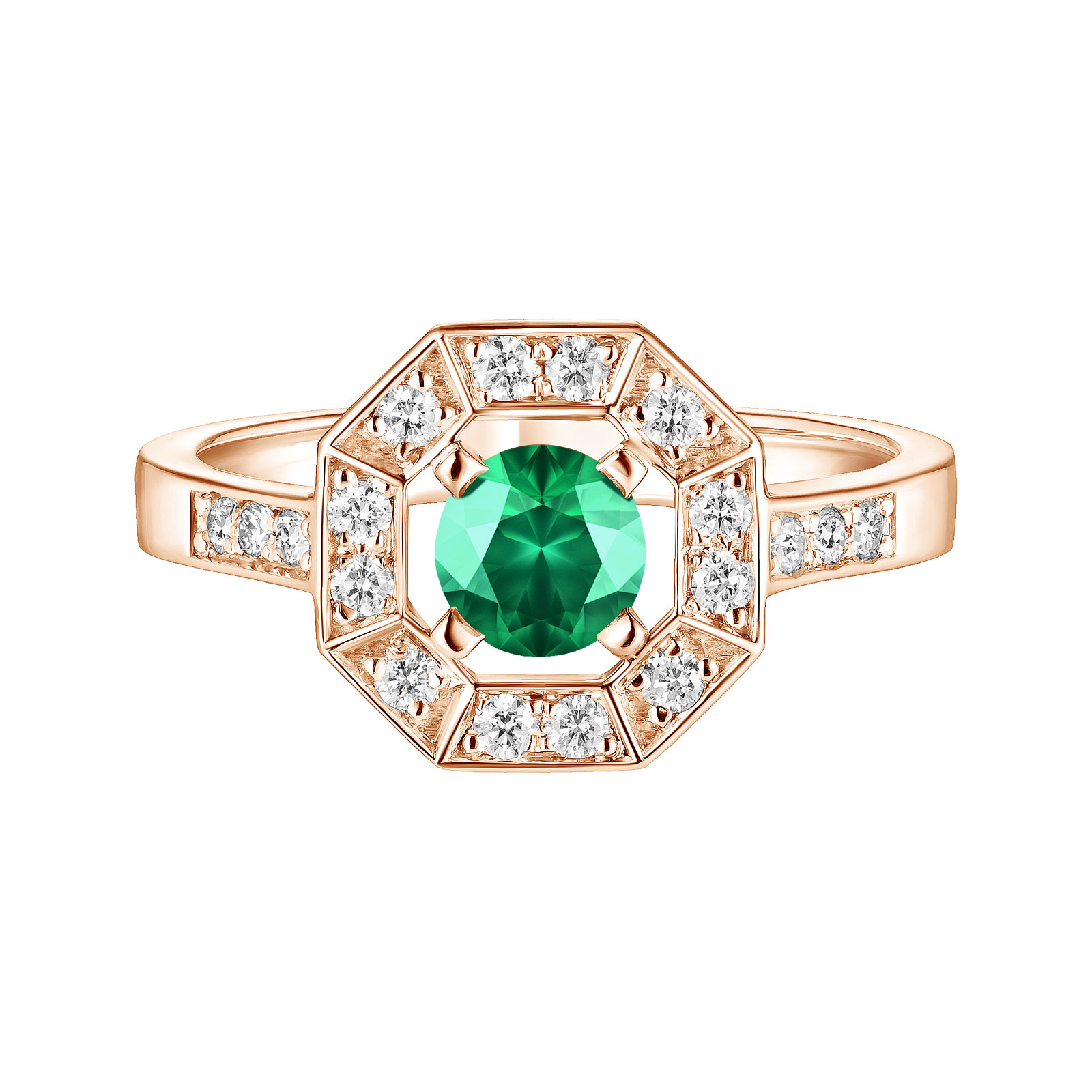 Bague Or rose Emeraude et diamants Art Déco Rond 5 mm 1