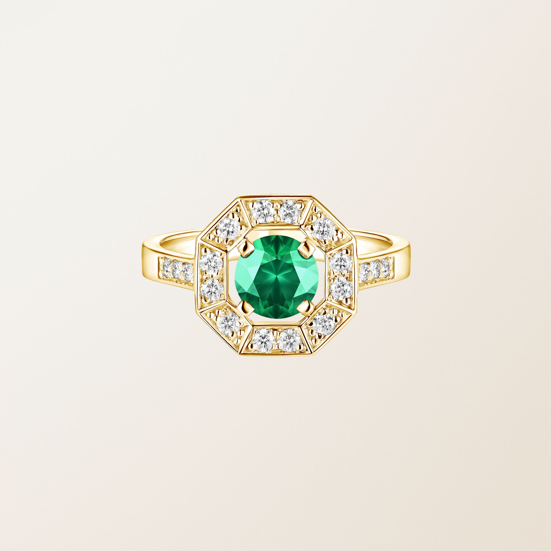 Bague Or jaune 18 cts Emeraude Art Déco Rond 6 mm