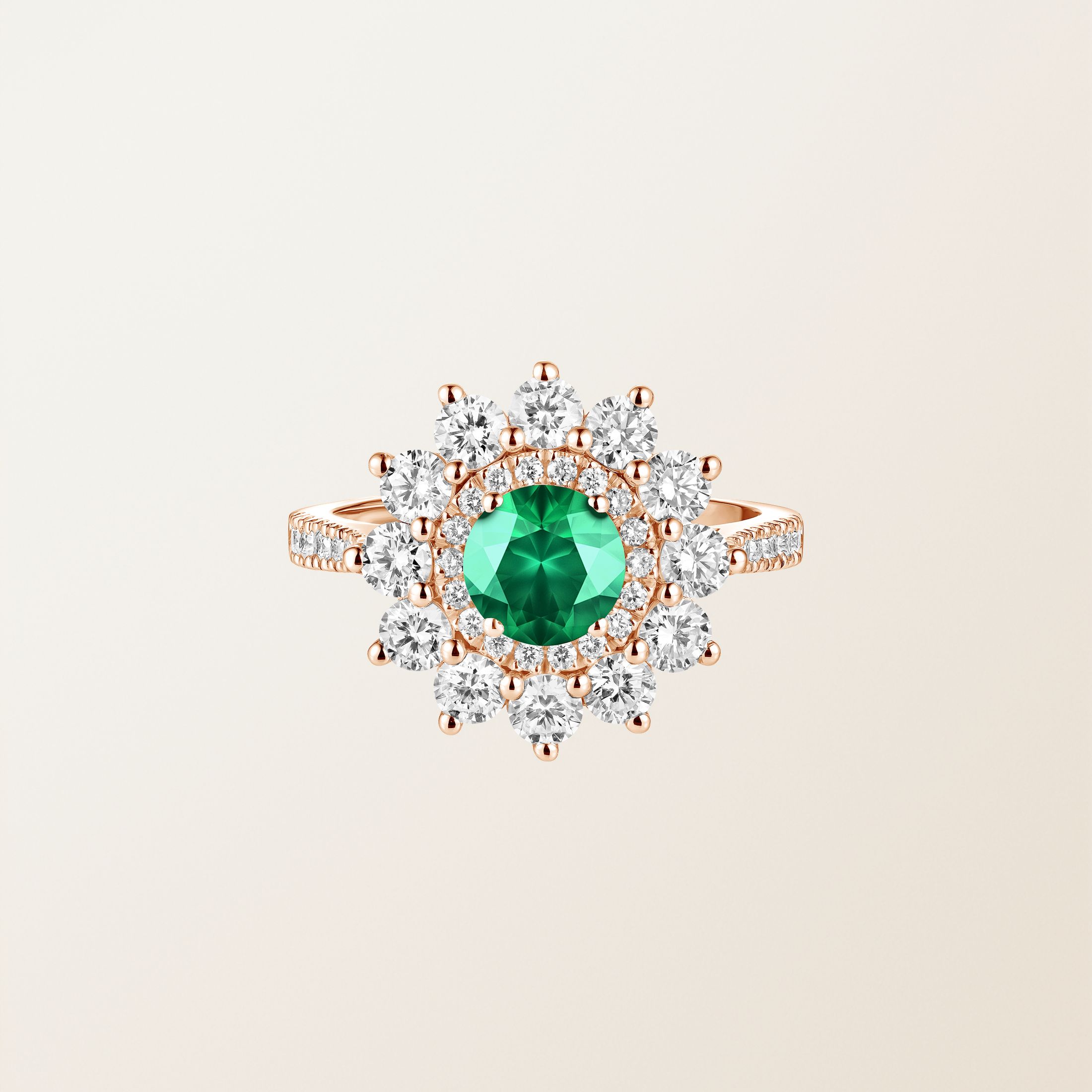 Bague Or rose 18 cts Emeraude Lefkos 6 mm Pavée