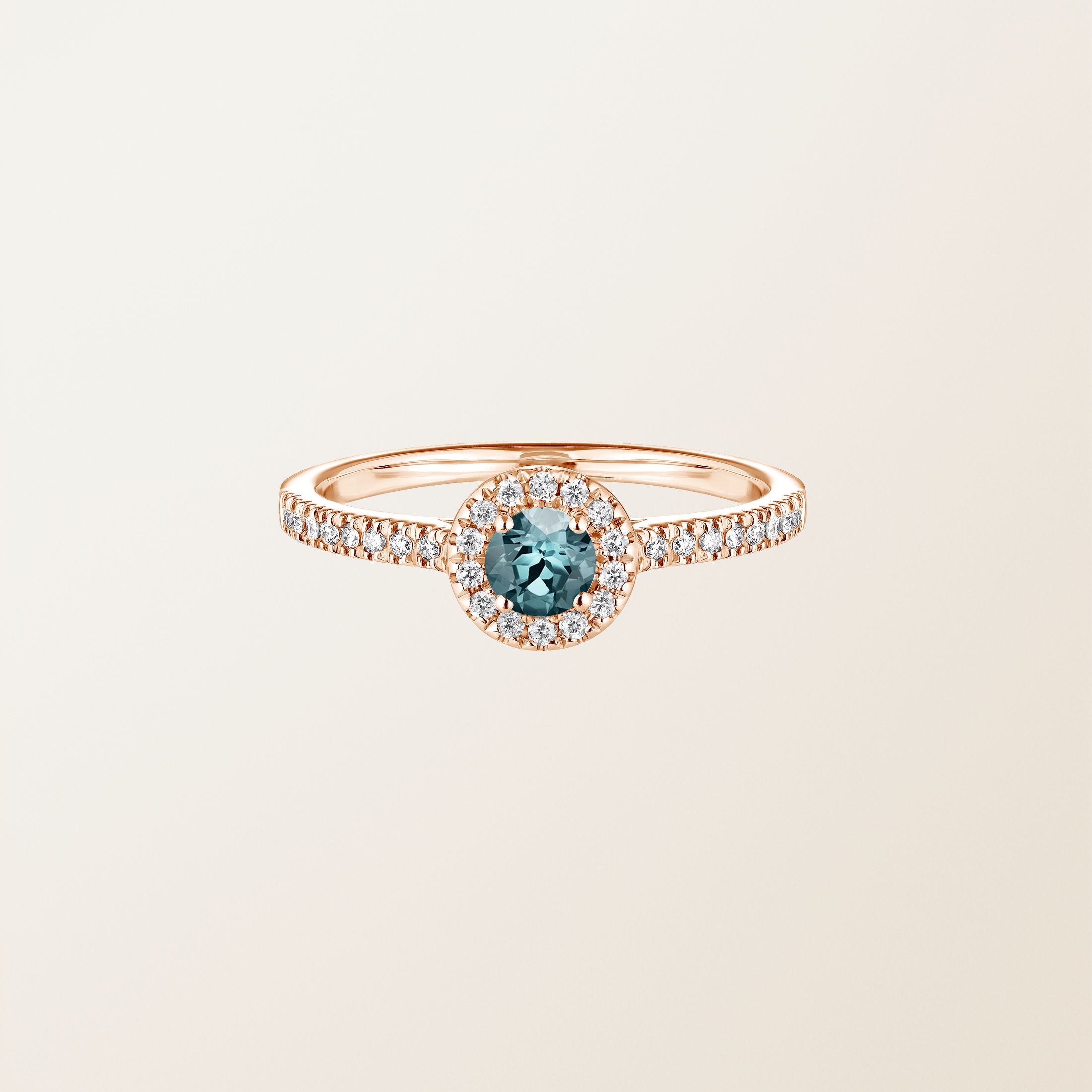 Bague Or rose 18 cts Saphir Bleu Gris Rétromantique S Pavée