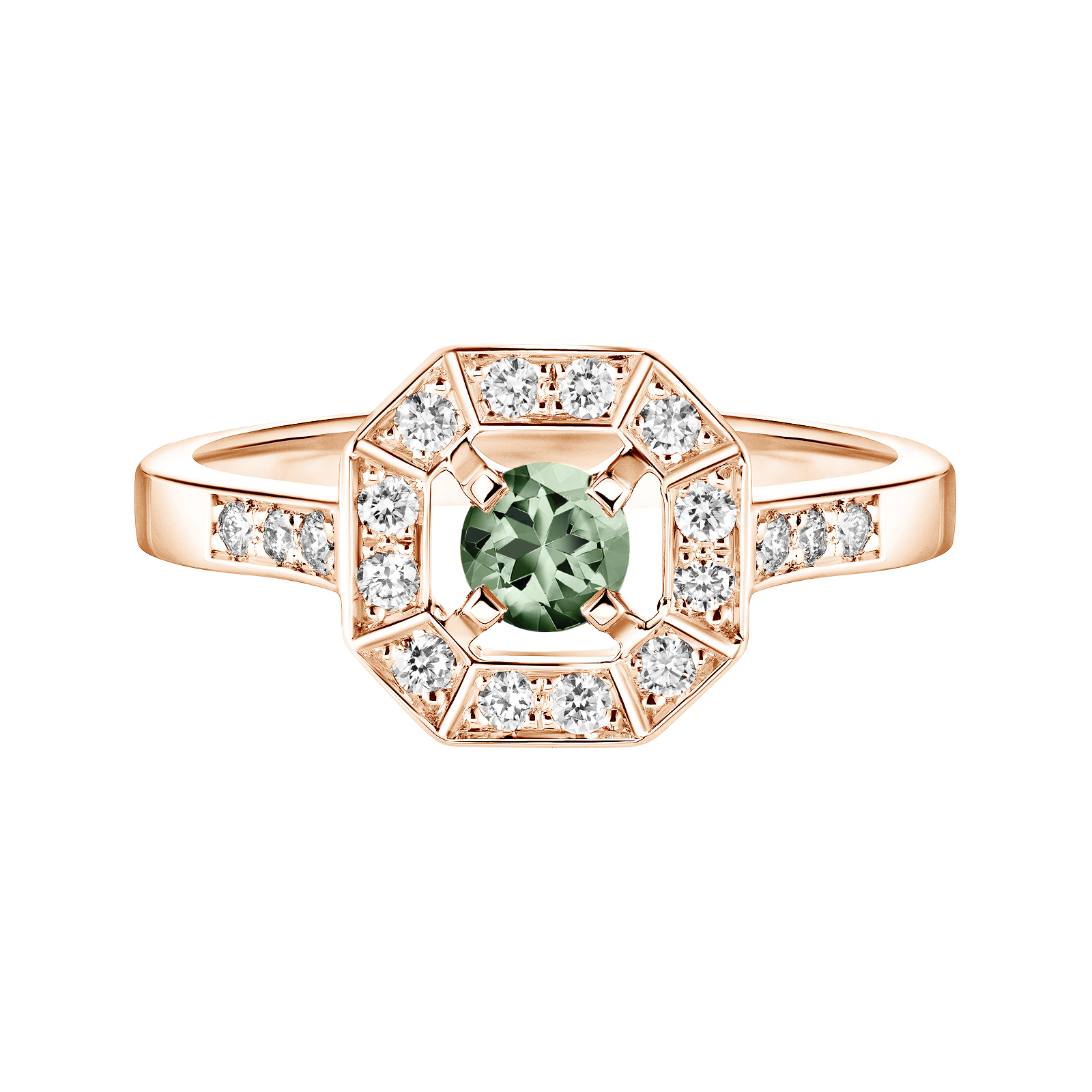 Bague Or rose Saphir Vert et diamants Art Déco Rond 4 mm 1
