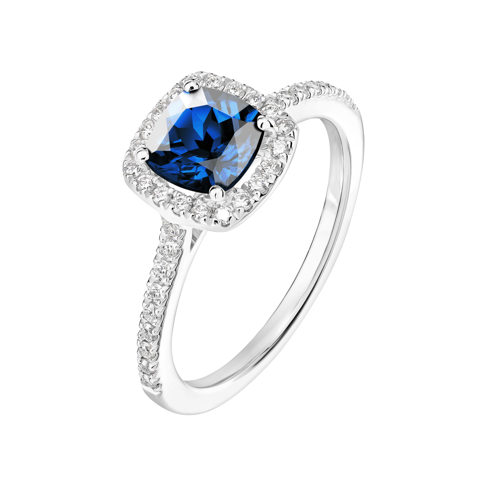 Bague Or blanc Saphir et diamants Rétromantique Coussin Pavée 1
