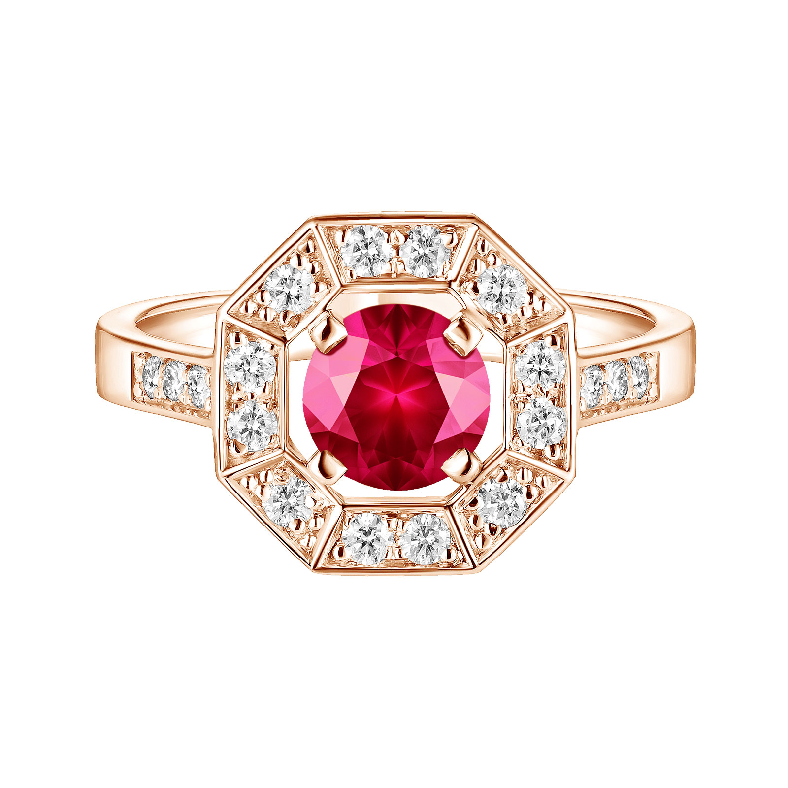 Bague Or rose Rubis et diamants Art Déco Rond 6 mm 1