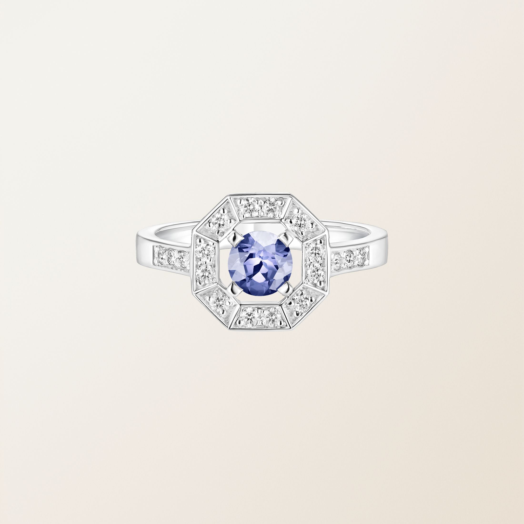 Bague Or blanc 18 cts Tanzanite Art Déco Rond 5 mm