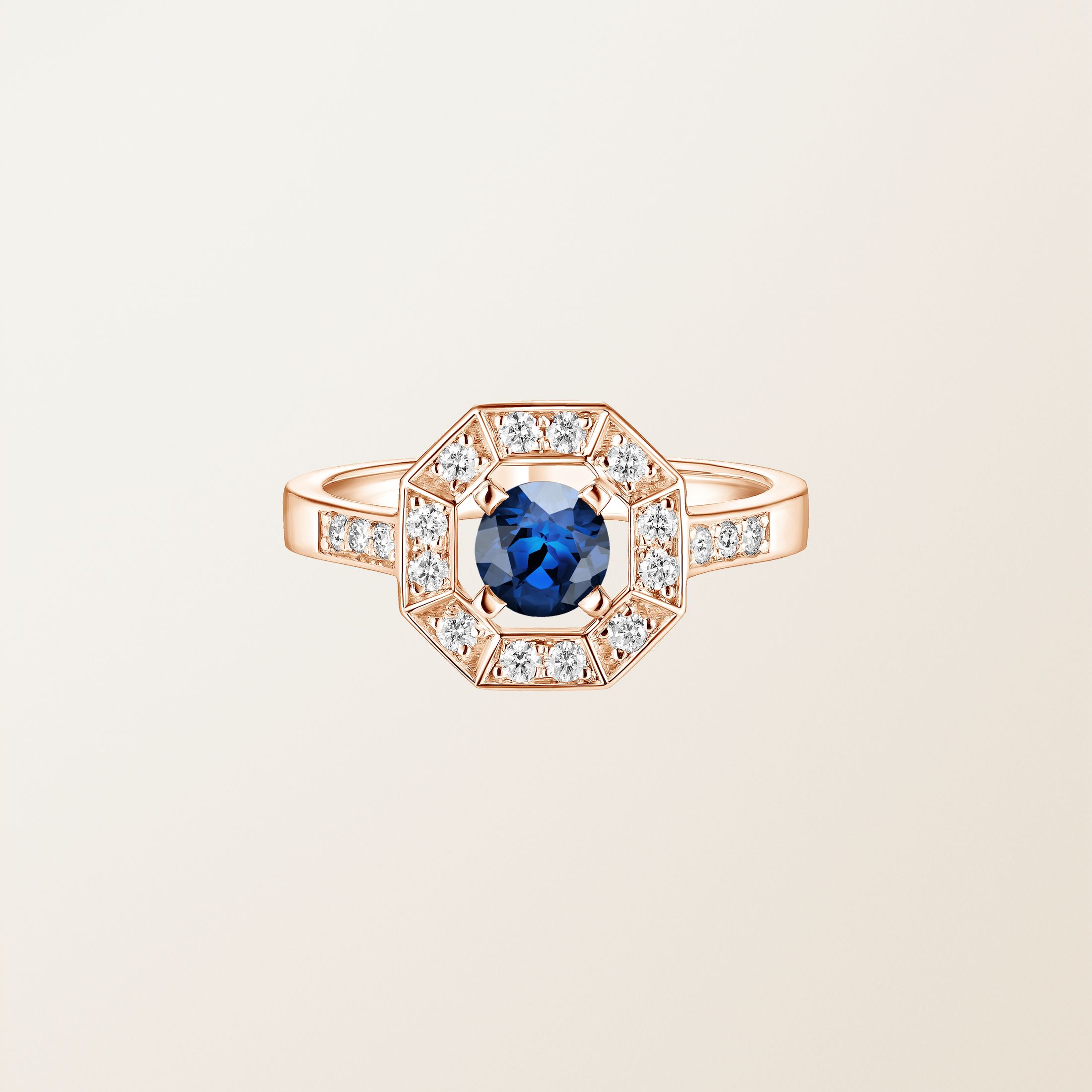 Ring 18K Roségold Saphir Art Déco Rond 5 mm
