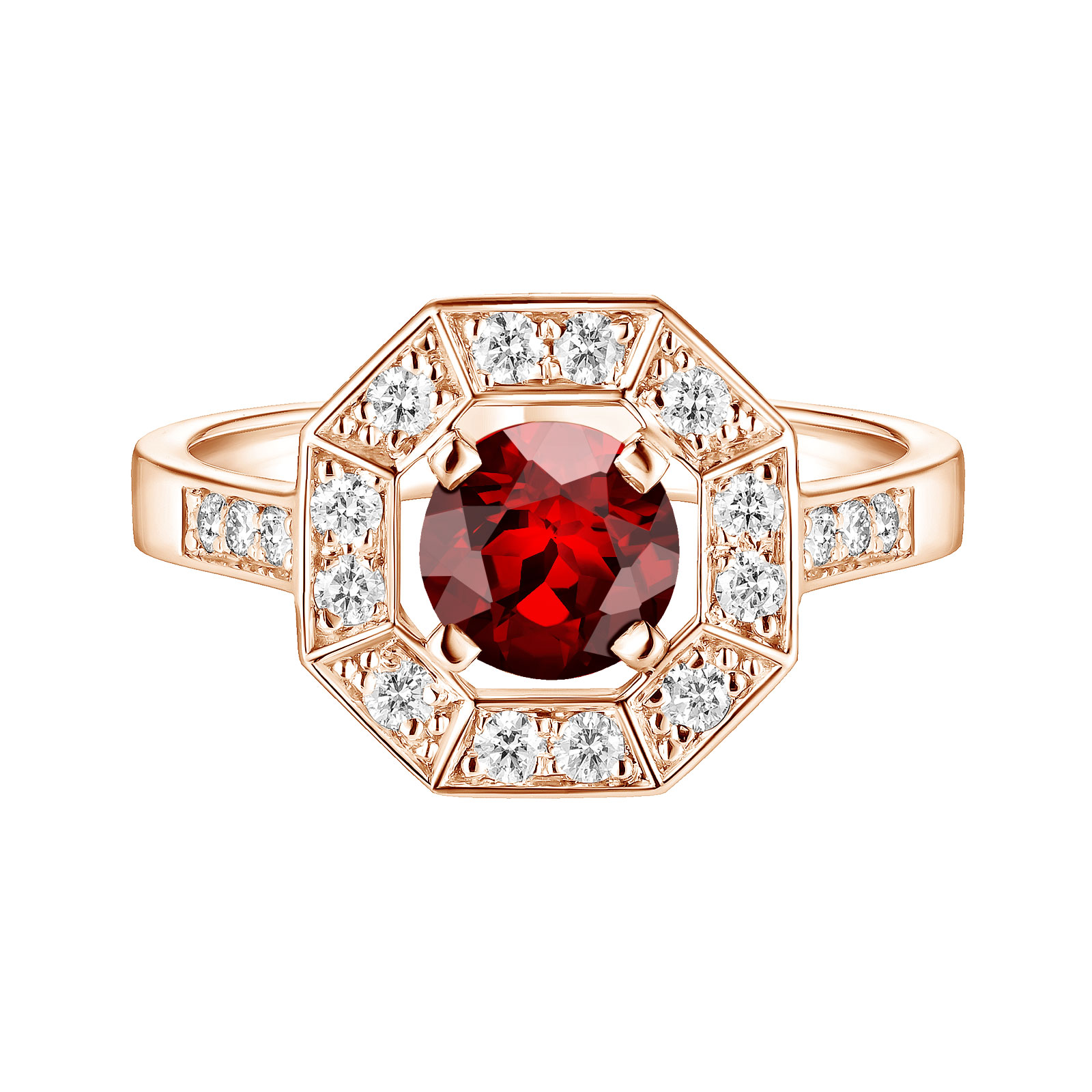 Bague Or rose Grenat et diamants Art Déco Rond 6 mm 1