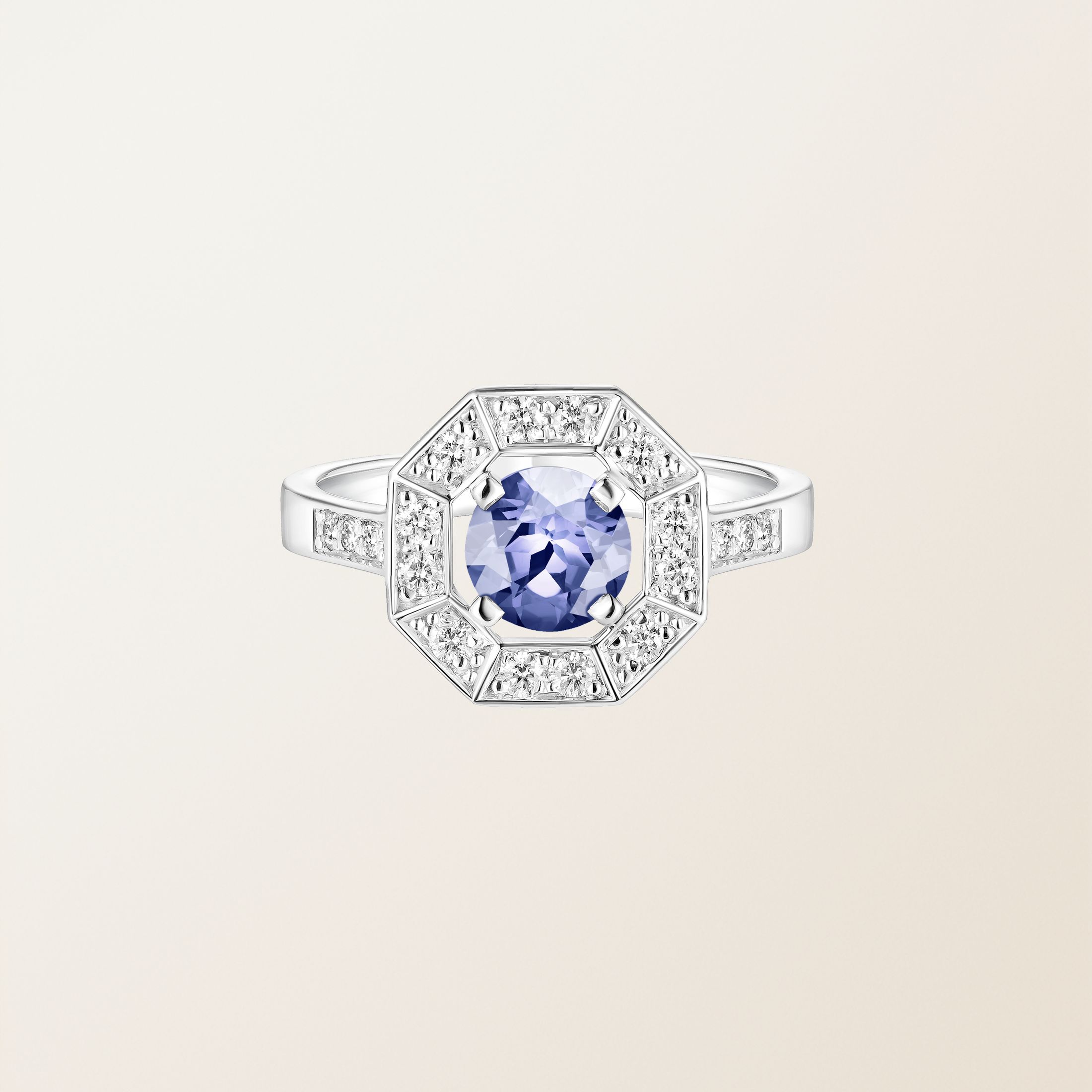 Bague Or blanc 18 cts Tanzanite Art Déco Rond 6 mm